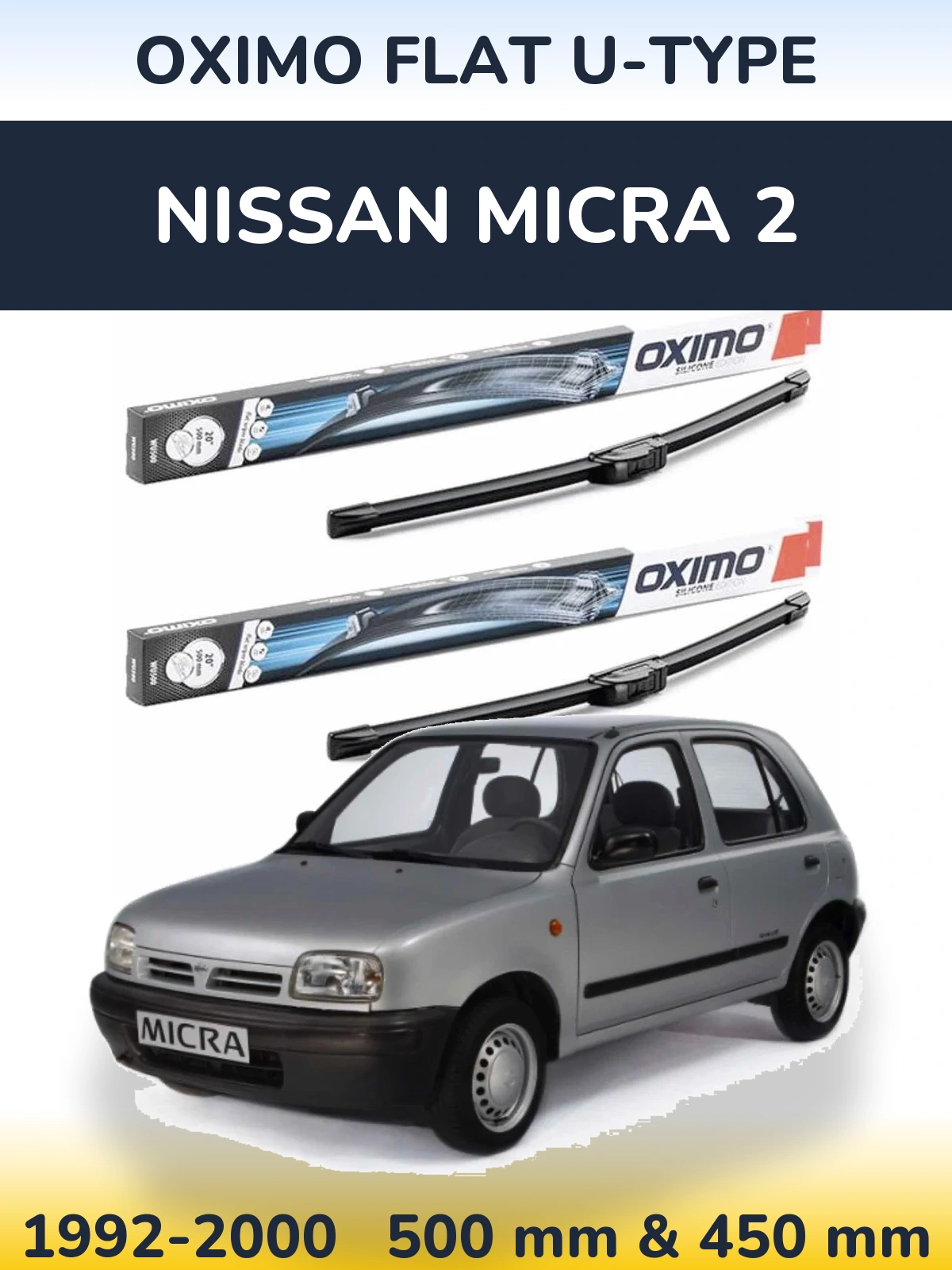 Комплект передних дворников Oximo Flat U-type 500 & 450 мм для Nissan Micra 2 1992-2000