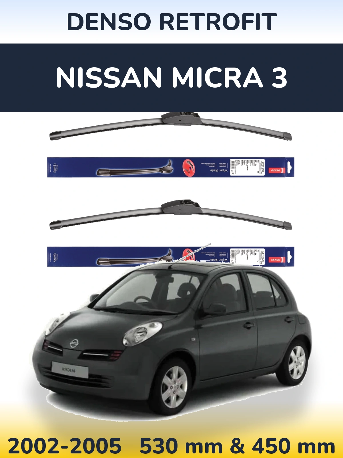Front wiper blade set Denso Retrofit 530 & 450 mm for Nissan Micra 3 2002-2005