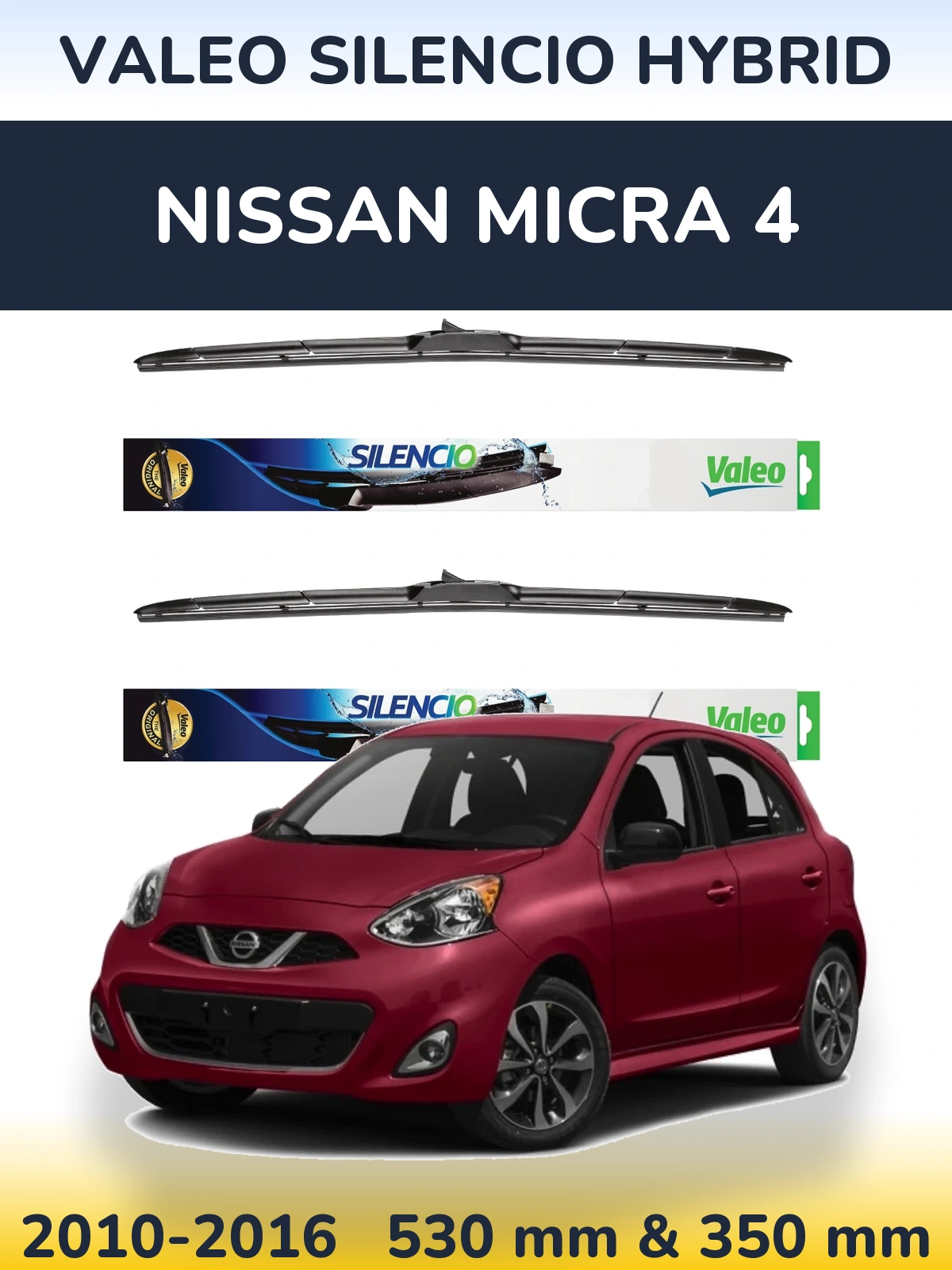 Komplet przednich wycieraczek Valeo Silencio Hybrid 530 & 350 mm do Nissan Micra 4 2010-2016