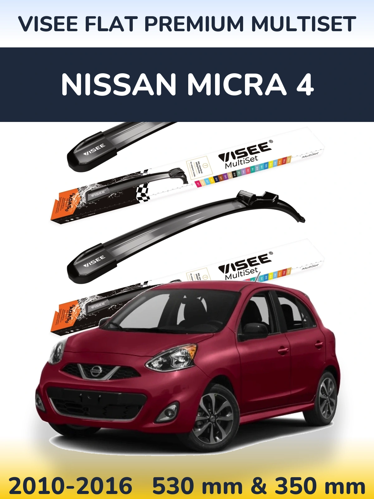 Front wiper blade set VISEE FLAT PREMIUM MultiSet 530 & 350 mm for Nissan Micra 4 2010-2016
