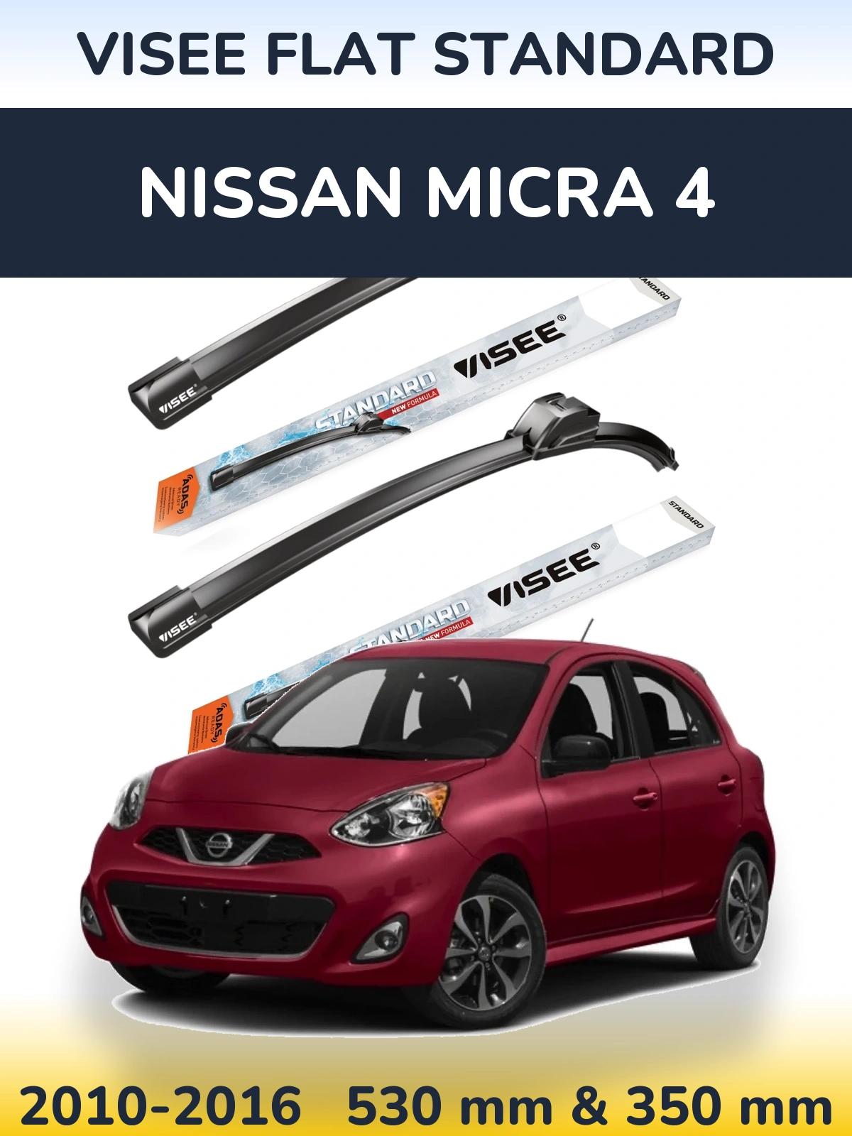 Komplet przednich wycieraczek VISEE FLAT STANDARD 530 & 350 mm do Nissan Micra 4 2010-2016