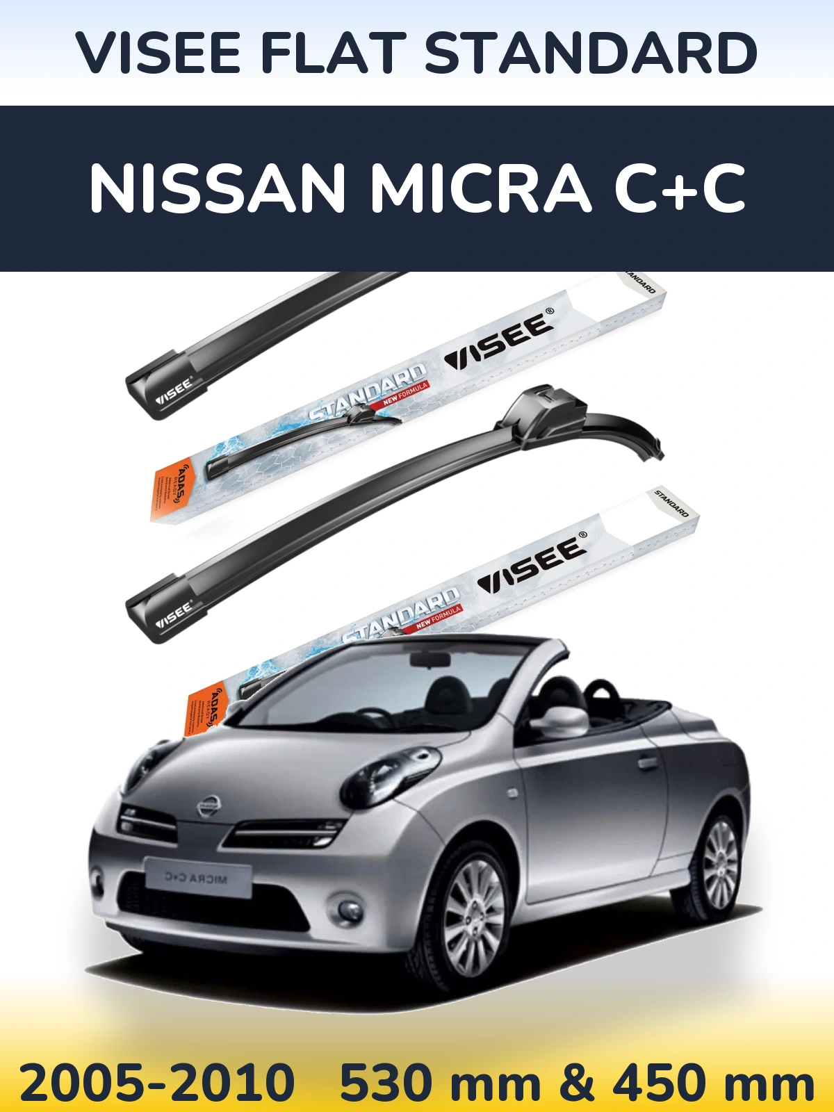 Front wiper blade set VISEE FLAT STANDARD 530 & 450 mm for Nissan Micra C+C 2005-2010