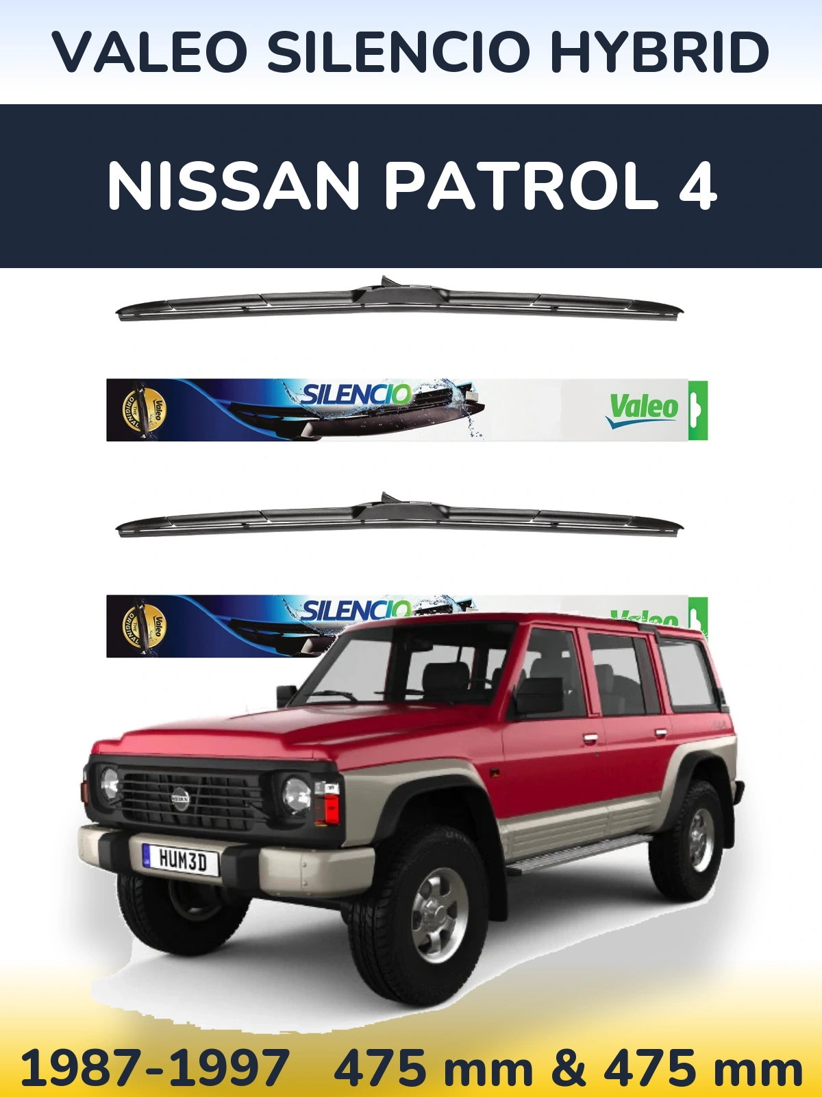 Front wiper blade set Valeo Silencio Hybrid 475 & 475 mm for Nissan Patrol 4 1987-1997