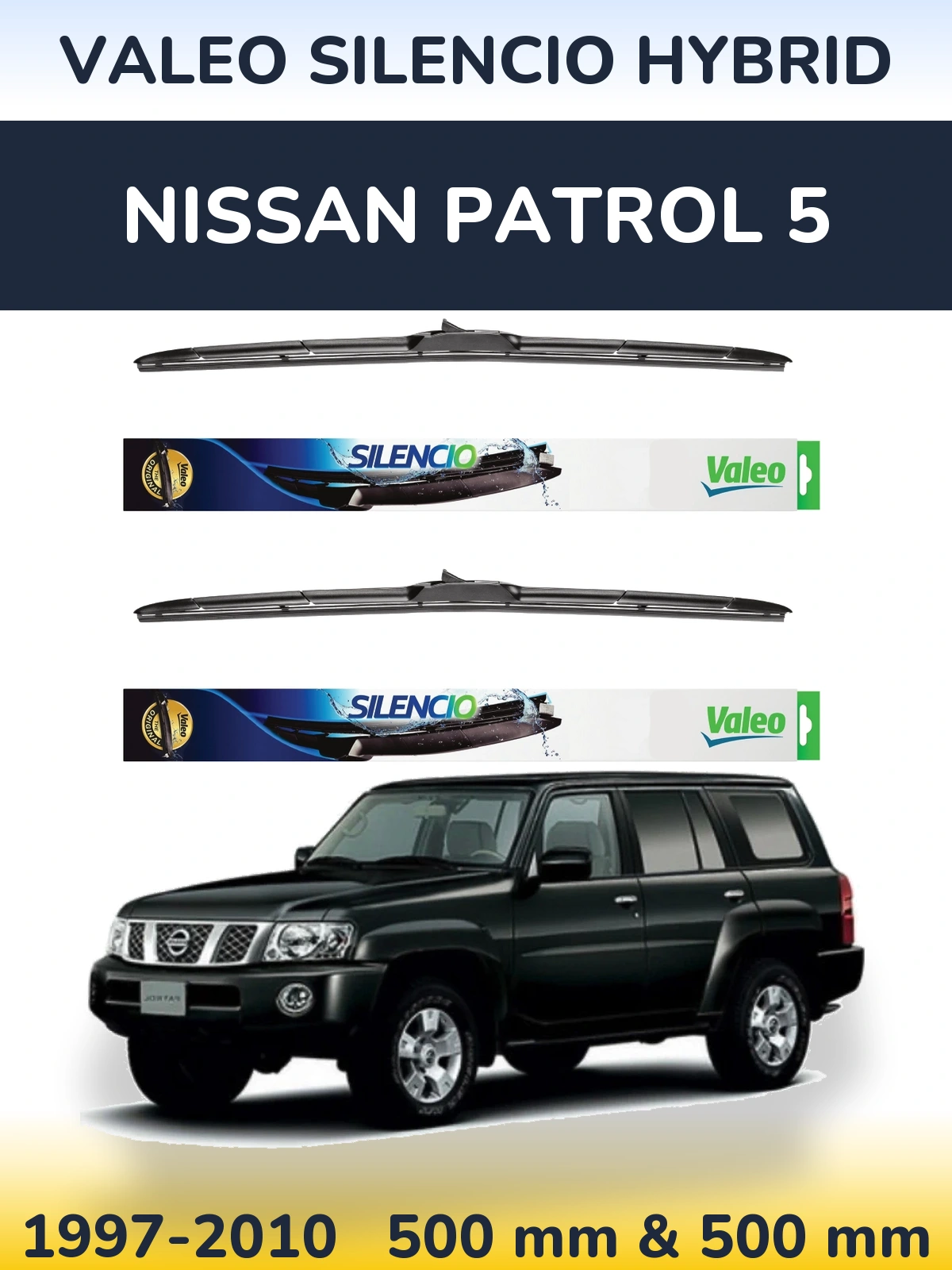 Front wiper blade set Valeo Silencio Hybrid 500 & 500 mm for Nissan Patrol 5 1997-2010