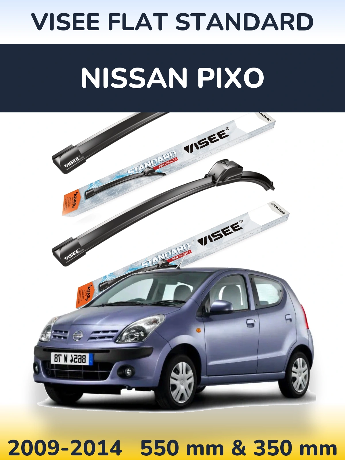 Komplet przednich wycieraczek VISEE FLAT STANDARD 550 & 350 mm do Nissan Pixo 2009-2014