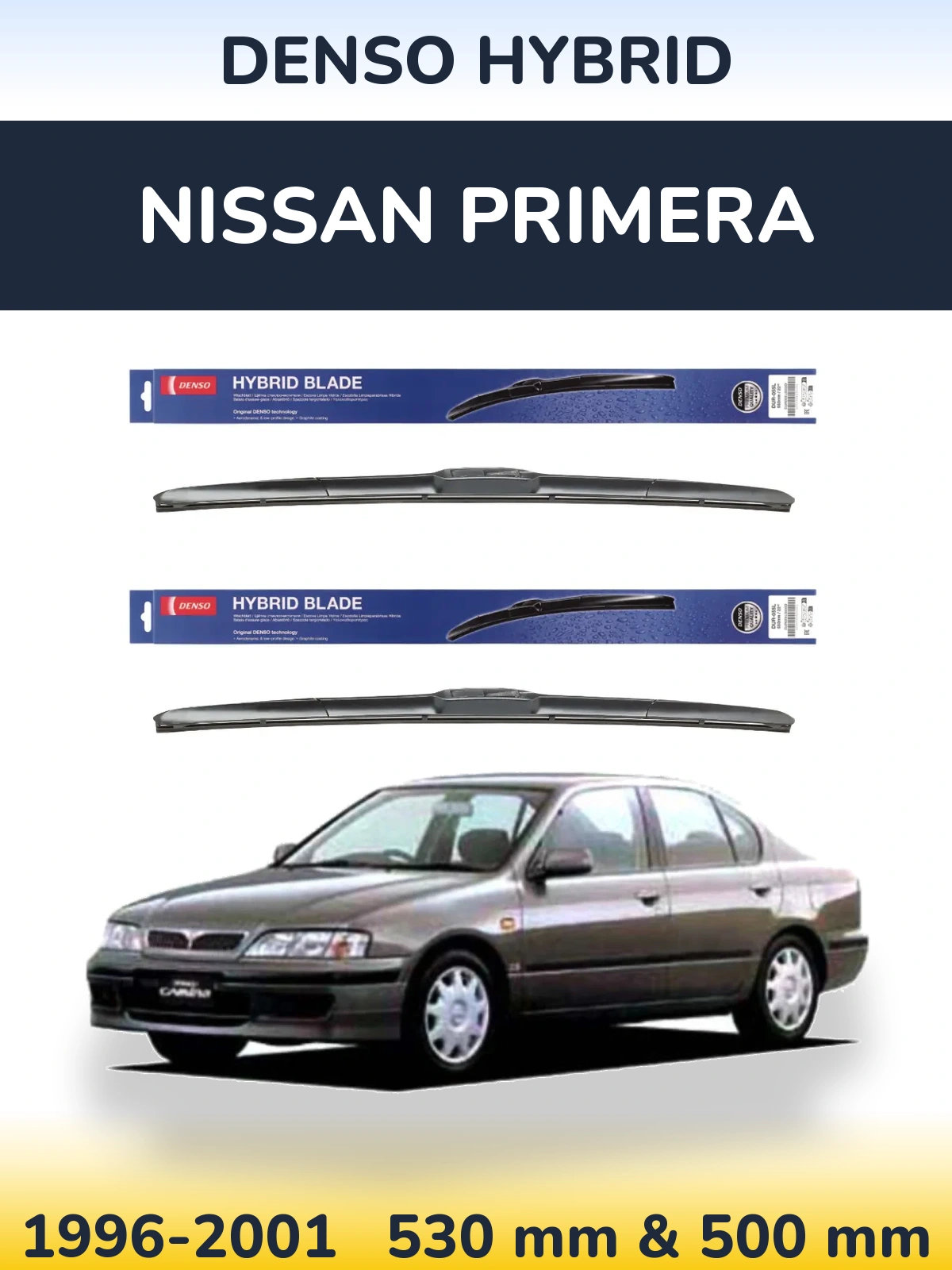 Komplet przednich wycieraczek Denso Hybrid 530 & 500 mm do Nissan Primera 1996-2001