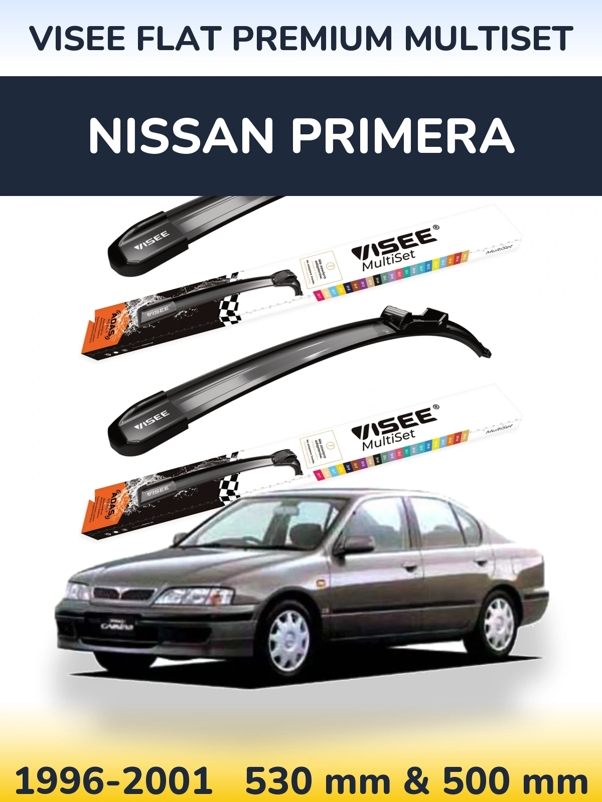 Komplet przednich wycieraczek VISEE FLAT PREMIUM MultiSet 530 & 500 mm do Nissan Primera 1996-2001