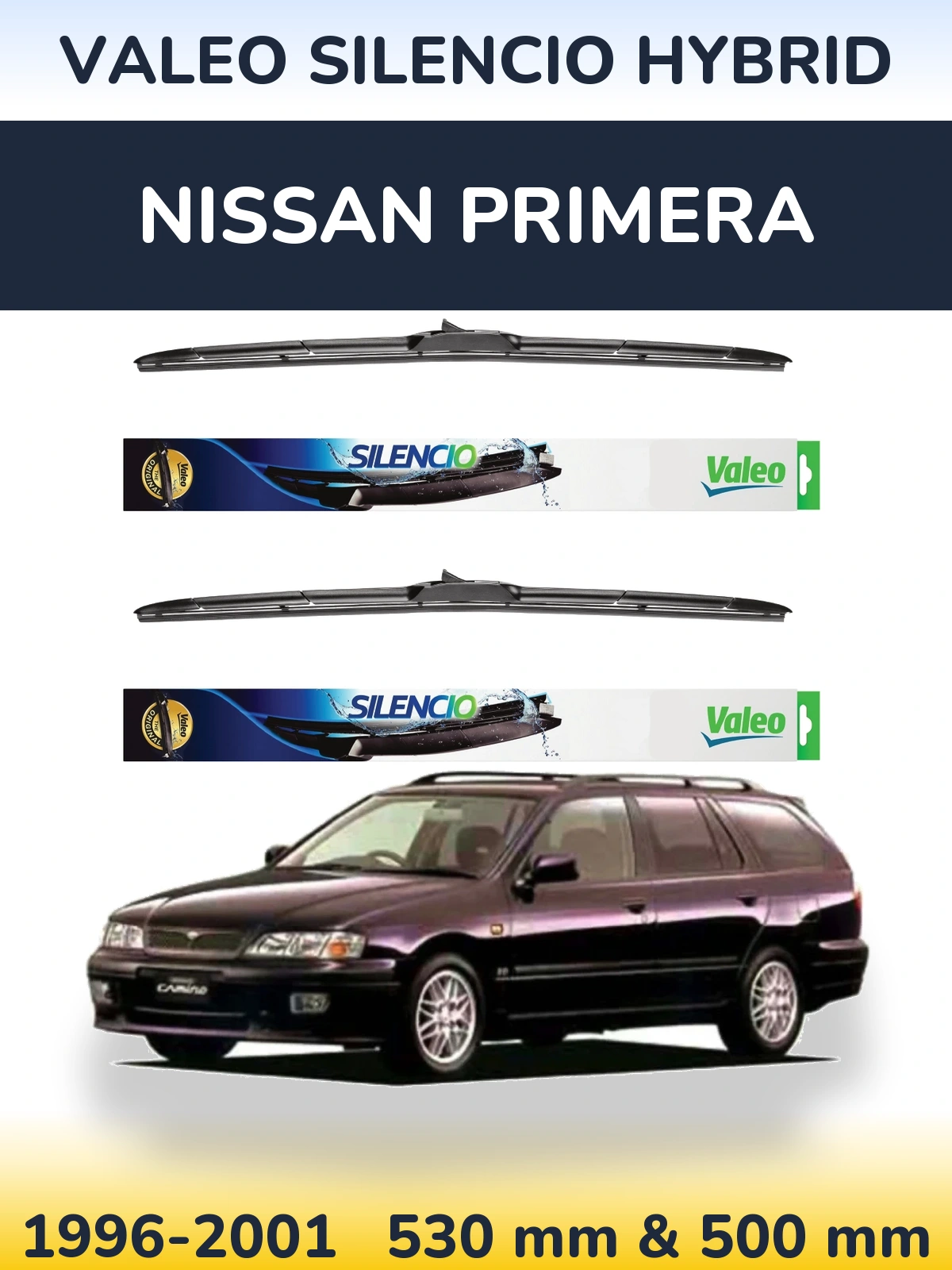 Komplet przednich wycieraczek Valeo Silencio Hybrid 530 & 500 mm do Nissan Primera 1996-2001