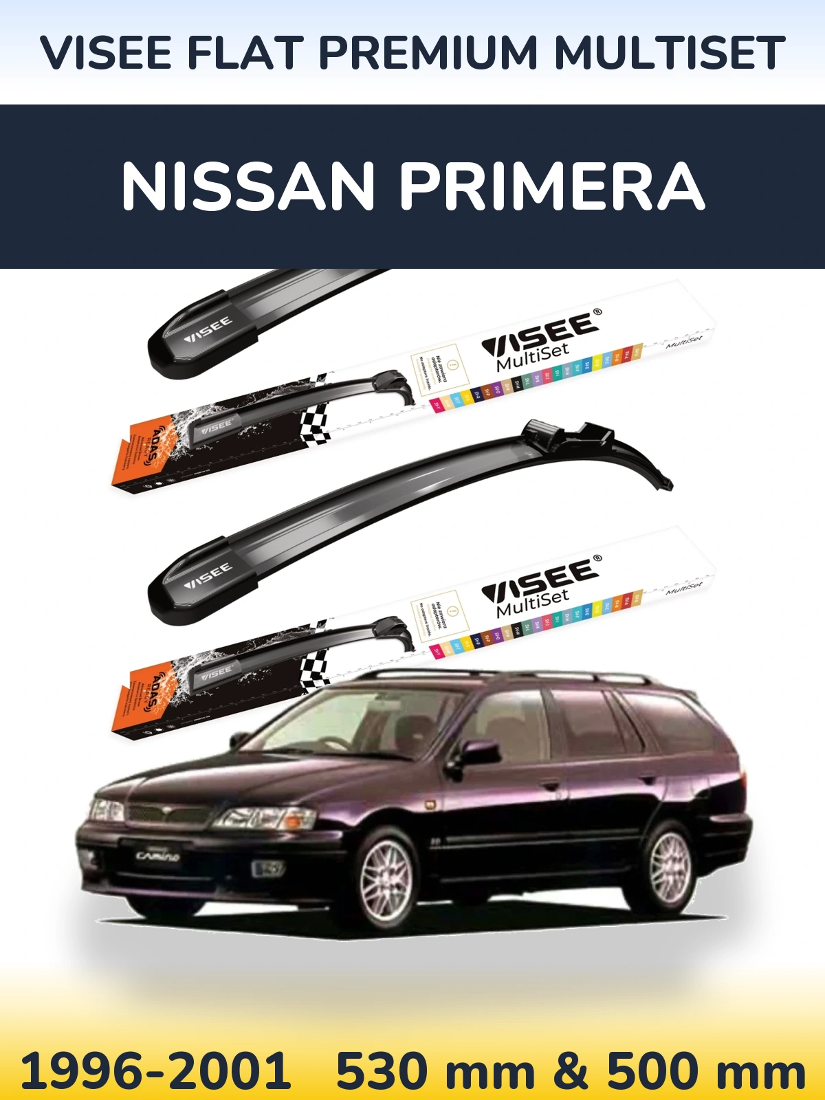 Комплект передних дворников VISEE FLAT PREMIUM MultiSet 530 & 500 мм для Nissan Primera 1996-2001