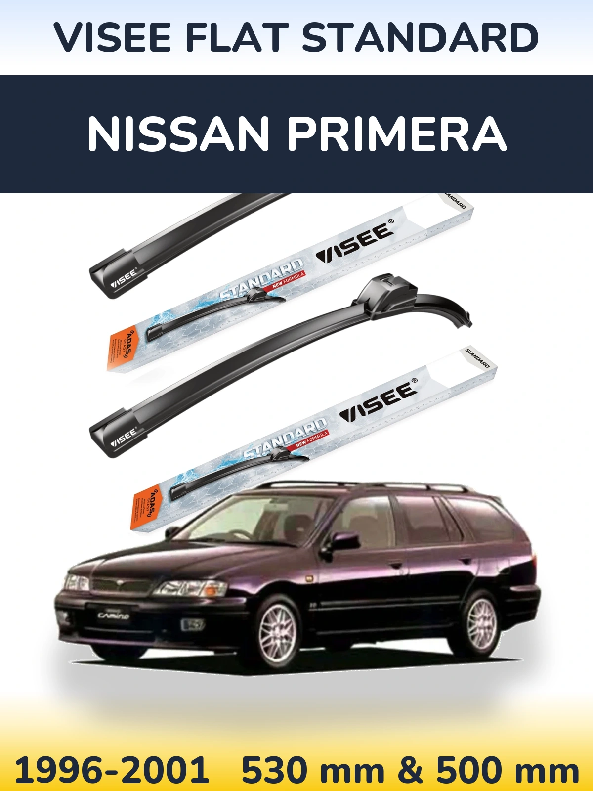 Komplet przednich wycieraczek VISEE FLAT STANDARD 530 & 500 mm do Nissan Primera 1996-2001