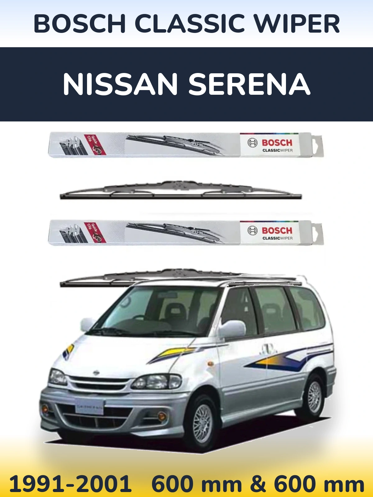 Front wiper blade set BOSCH Classic Wiper 600 & 600 mm for Nissan Serena 1991-2001