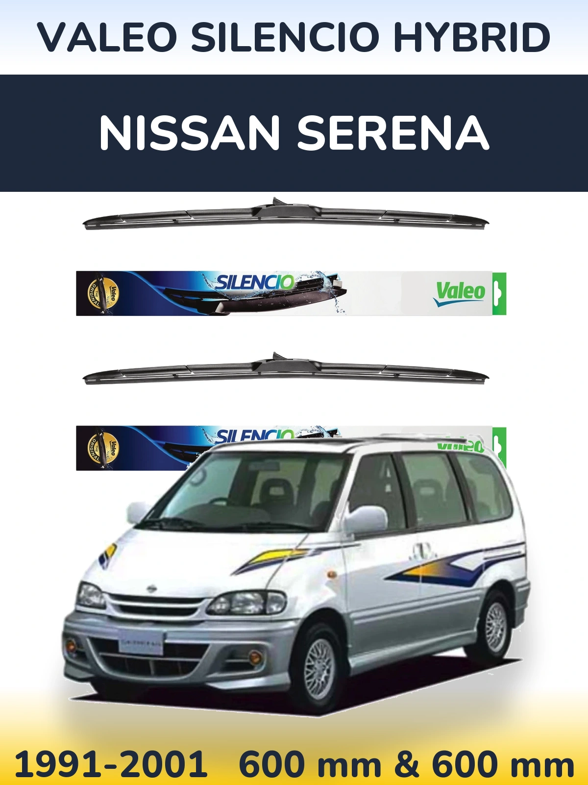 Komplet przednich wycieraczek Valeo Silencio Hybrid 600 & 600 mm do Nissan Serena 1991-2001