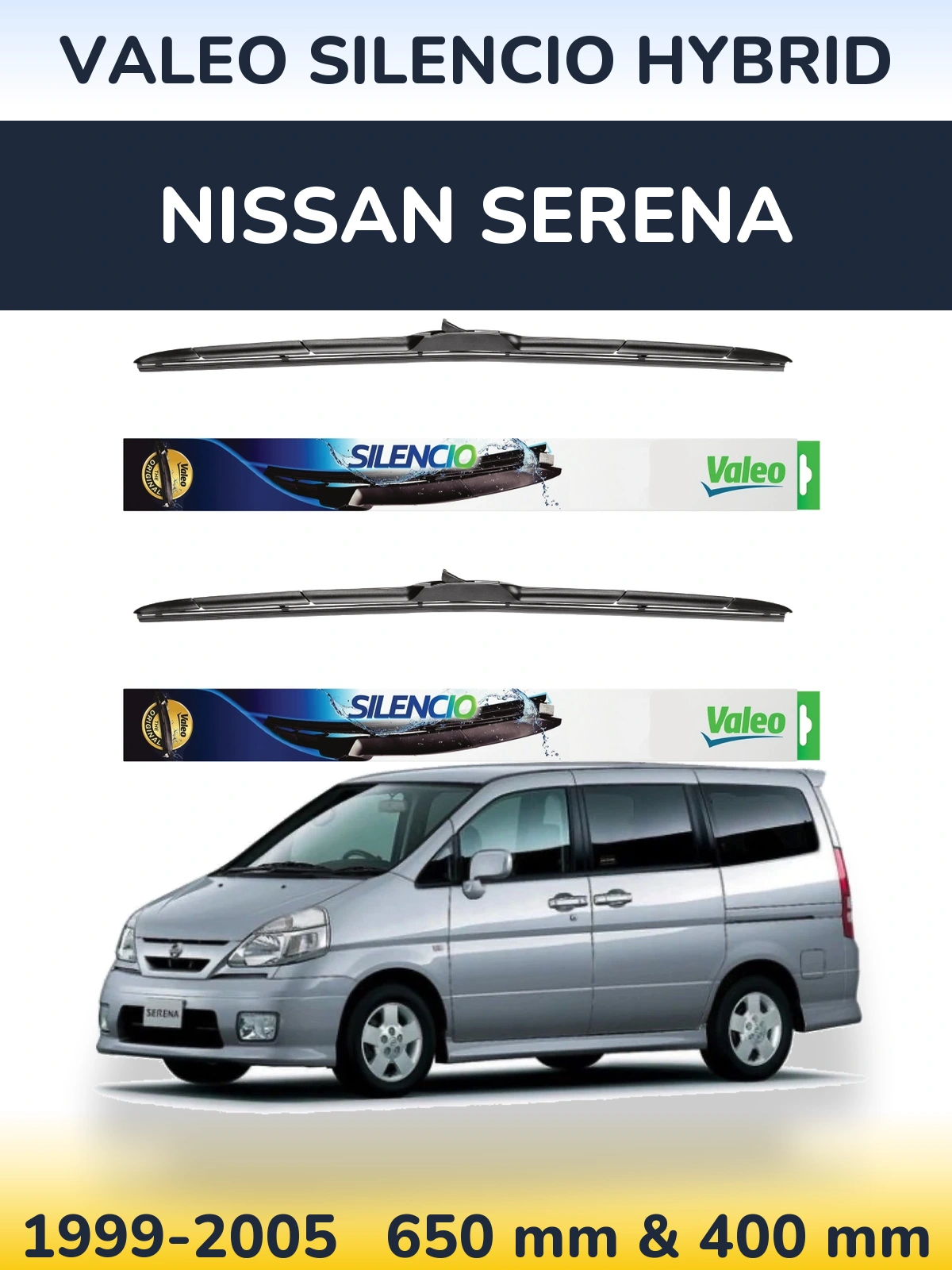 Komplet przednich wycieraczek Valeo Silencio Hybrid 650 & 400 mm do Nissan Serena 1999-2005