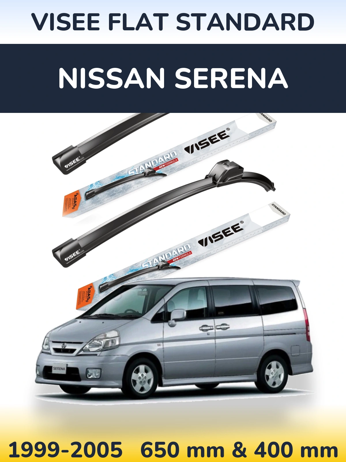 Komplet przednich wycieraczek VISEE FLAT STANDARD 650 & 400 mm do Nissan Serena 1999-2005