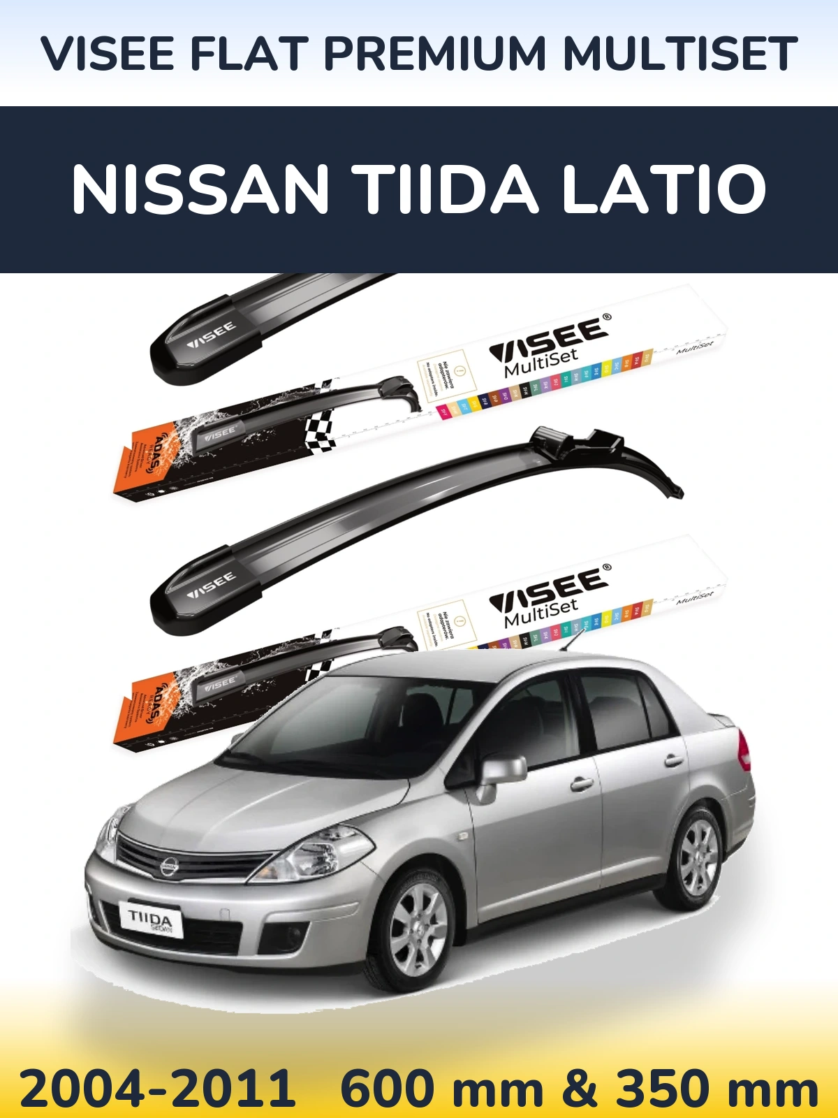 Komplet przednich wycieraczek VISEE FLAT PREMIUM MultiSet 600 & 350 mm do Nissan Tiida Latio 2004-2011