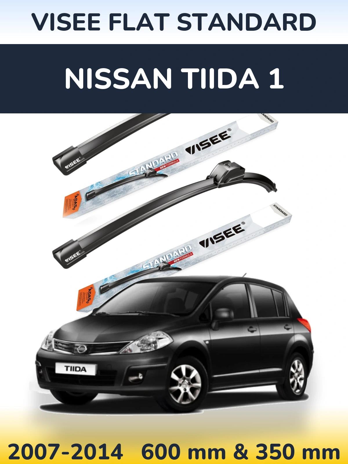Front wiper blade set VISEE FLAT STANDARD 600 & 350 mm for Nissan Tiida 1 2007-2014