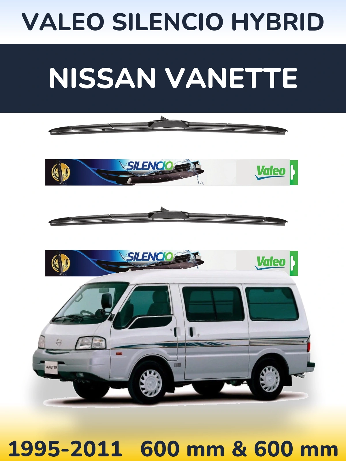 Komplet przednich wycieraczek Valeo Silencio Hybrid 600 & 600 mm do Nissan Vanette 1995-2011
