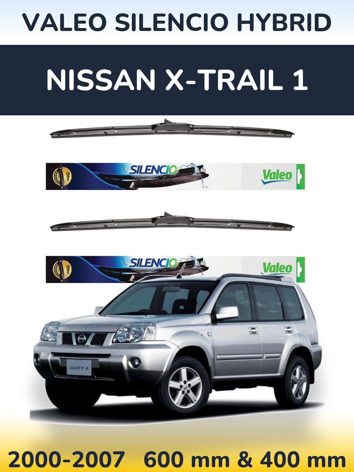 Front wiper blade set Valeo Silencio Hybrid 600 & 400 mm for Nissan X-Trail 1 2000-2007