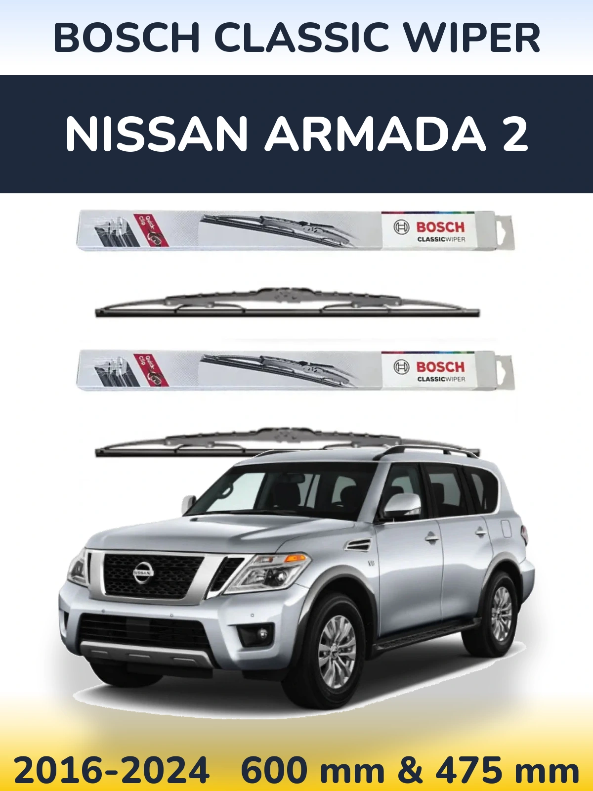 Komplet przednich wycieraczek BOSCH Classic Wiper 600 & 475 mm do Nissan Armada 2 2016-2024