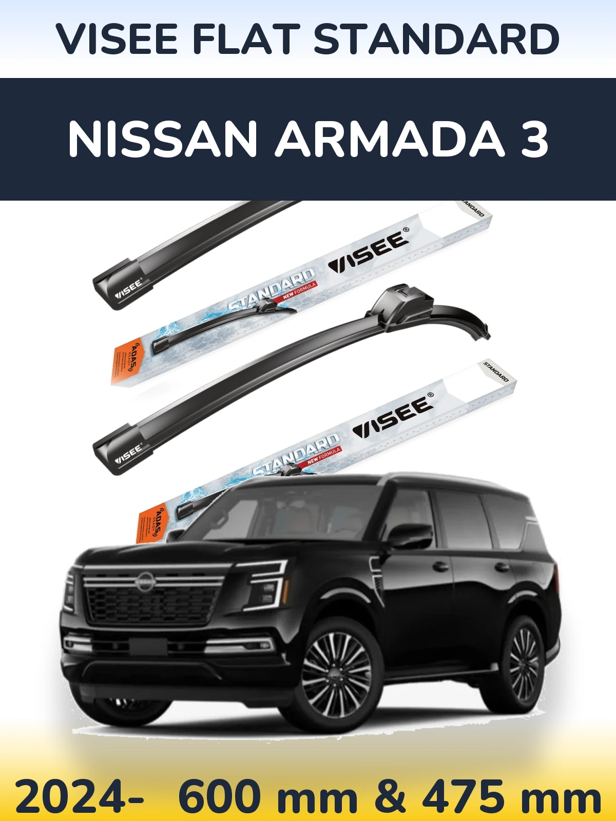 Front wiper blade set VISEE FLAT STANDARD 600 & 475 mm for Nissan Armada 3 2024-2026