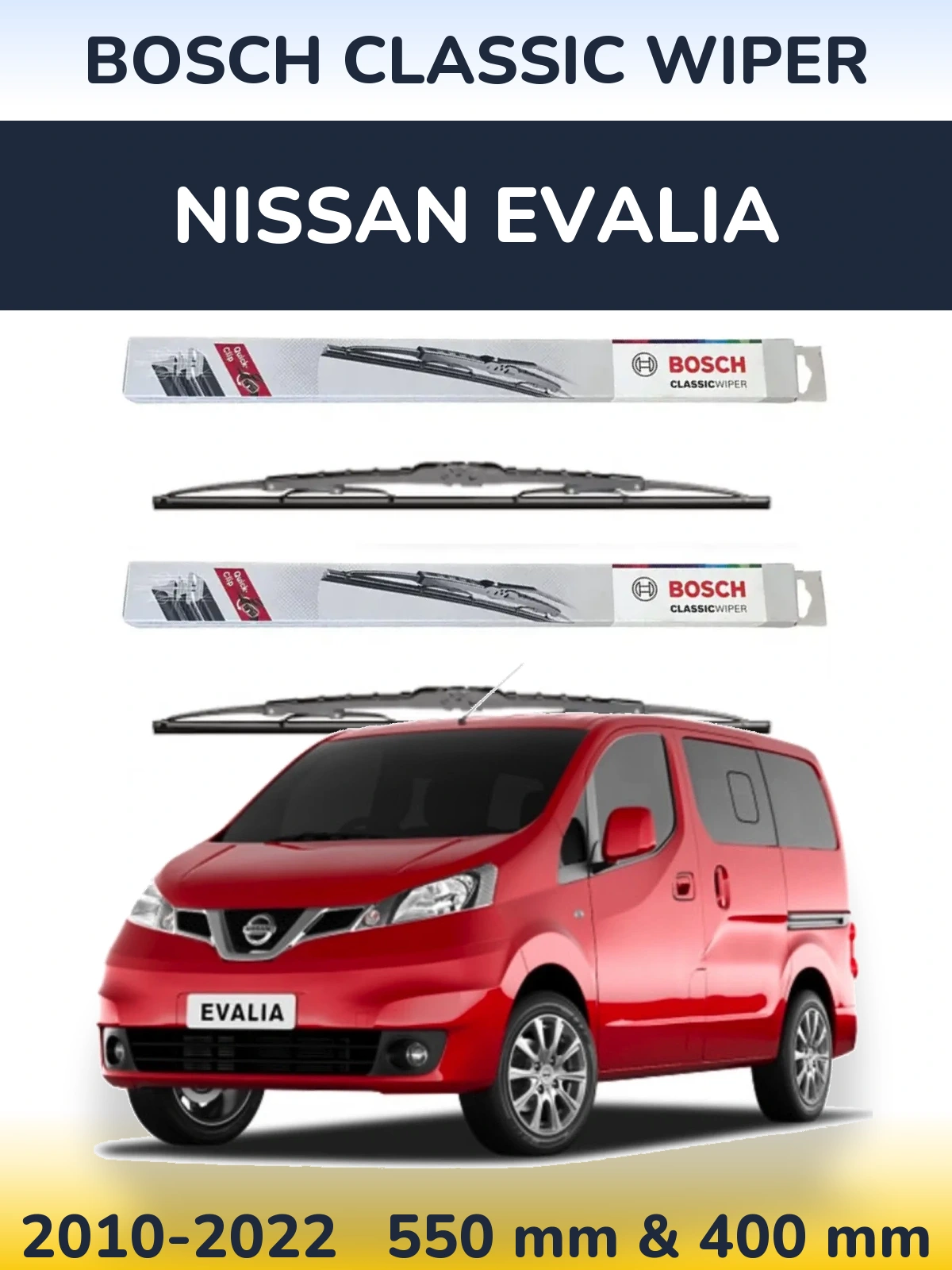 Front wiper blade set BOSCH Classic Wiper 550 & 400 mm for Nissan Evalia 2010-2022
