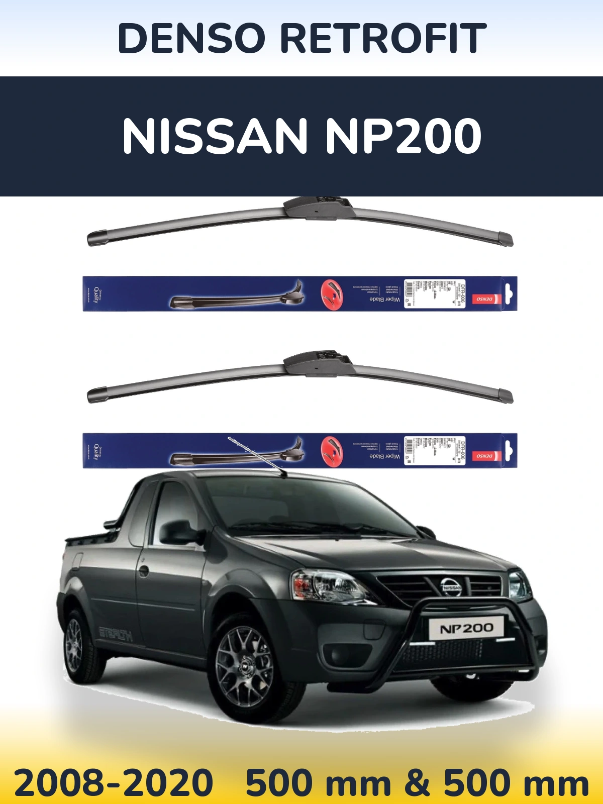 Front wiper blade set Denso Retrofit 500 & 500 mm for Nissan NP200 2008-2020