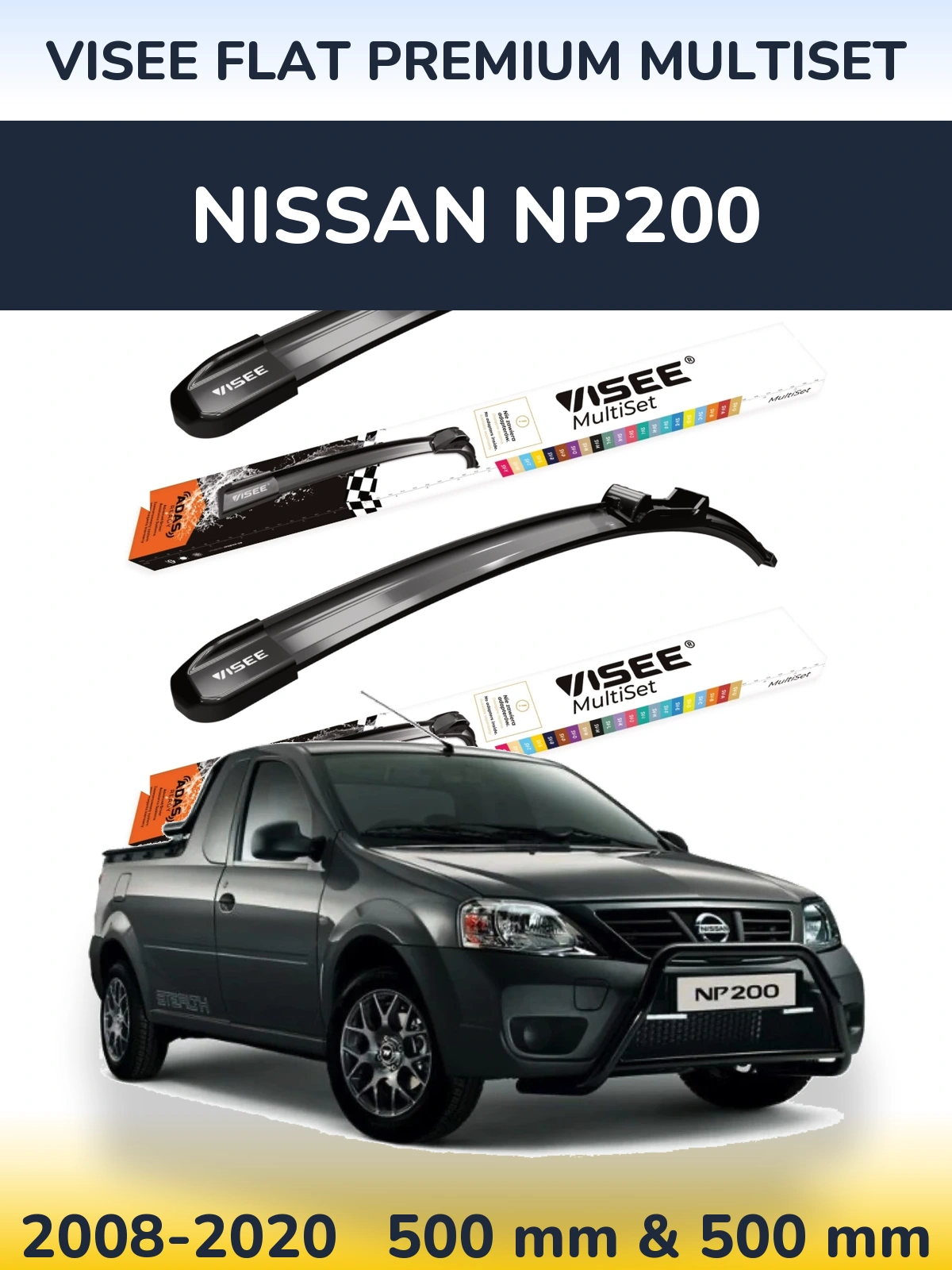 Front wiper blade set VISEE FLAT PREMIUM MultiSet 500 & 500 mm for Nissan NP200 2008-2020
