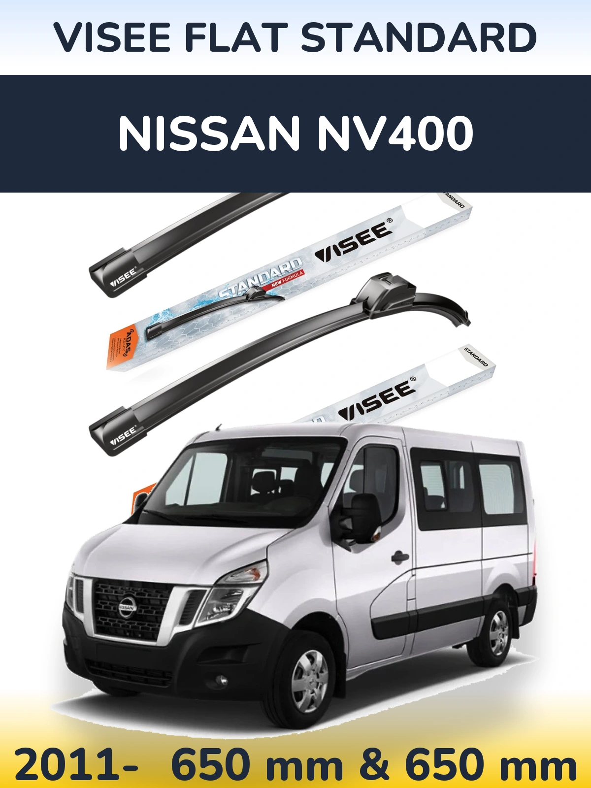 Front wiper blade set VISEE FLAT STANDARD 650 & 650 mm for Nissan NV400 2011-2026