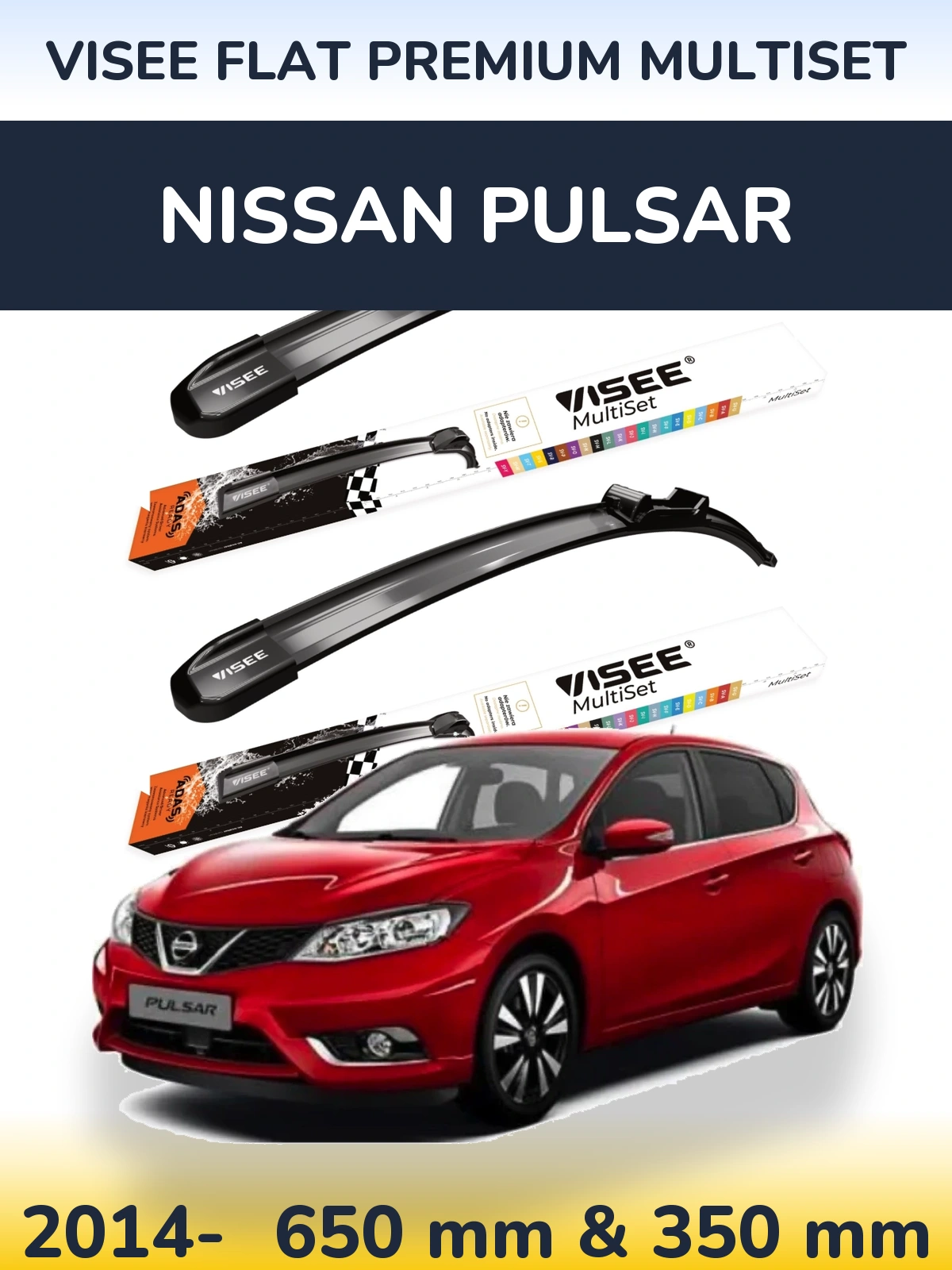 Komplet przednich wycieraczek VISEE FLAT PREMIUM MultiSet 650 & 350 mm do Nissan Pulsar 2014-2026