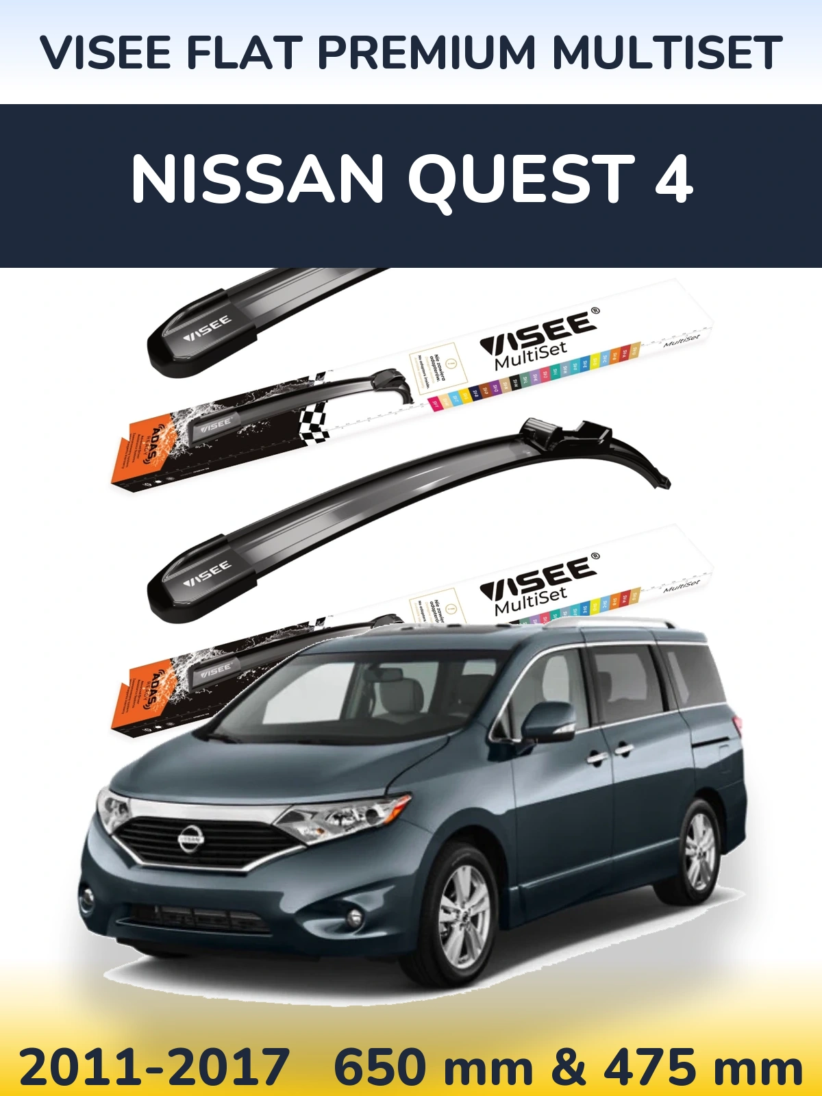 Front wiper blade set VISEE FLAT PREMIUM MultiSet 650 & 475 mm for Nissan Quest 4 2011-2017