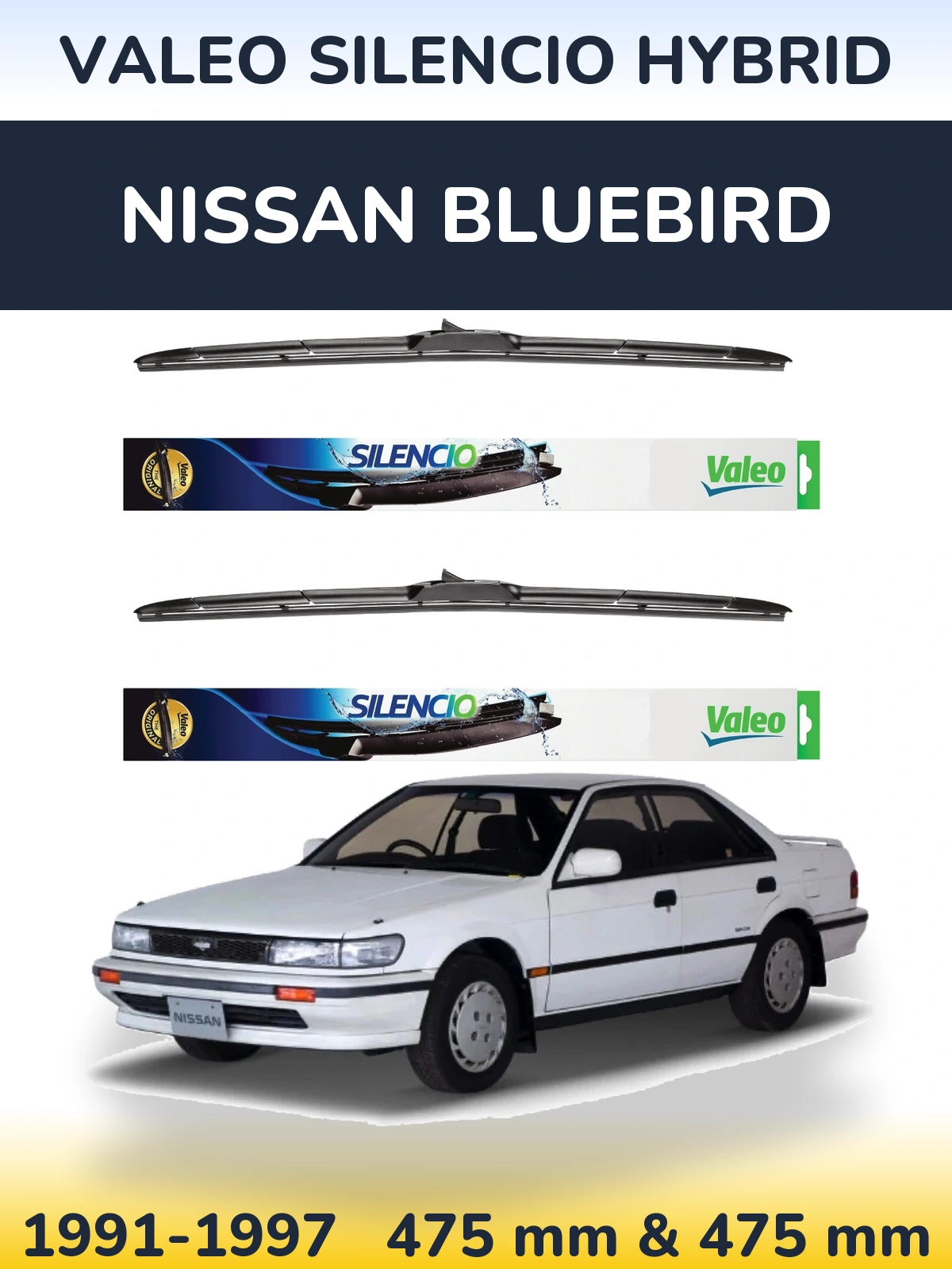 Komplet przednich wycieraczek Valeo Silencio Hybrid 475 & 475 mm do Nissan Bluebird 1991-1997