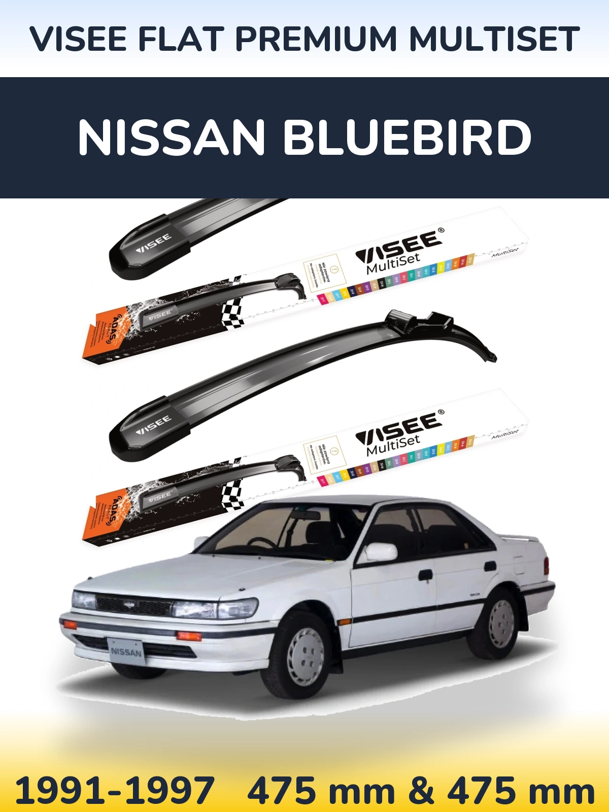 Front wiper blade set VISEE FLAT PREMIUM MultiSet 475 & 475 mm for Nissan Bluebird 1991-1997