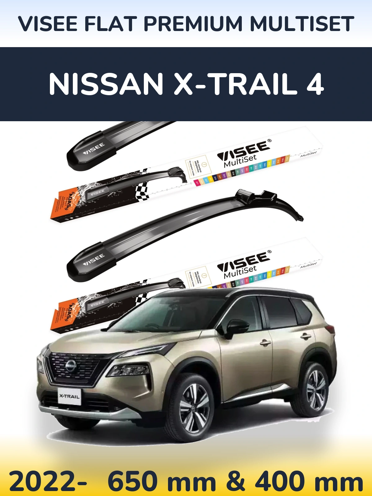 Komplet przednich wycieraczek VISEE FLAT PREMIUM MultiSet 650 & 400 mm do Nissan X-Trail 4 2022-2026