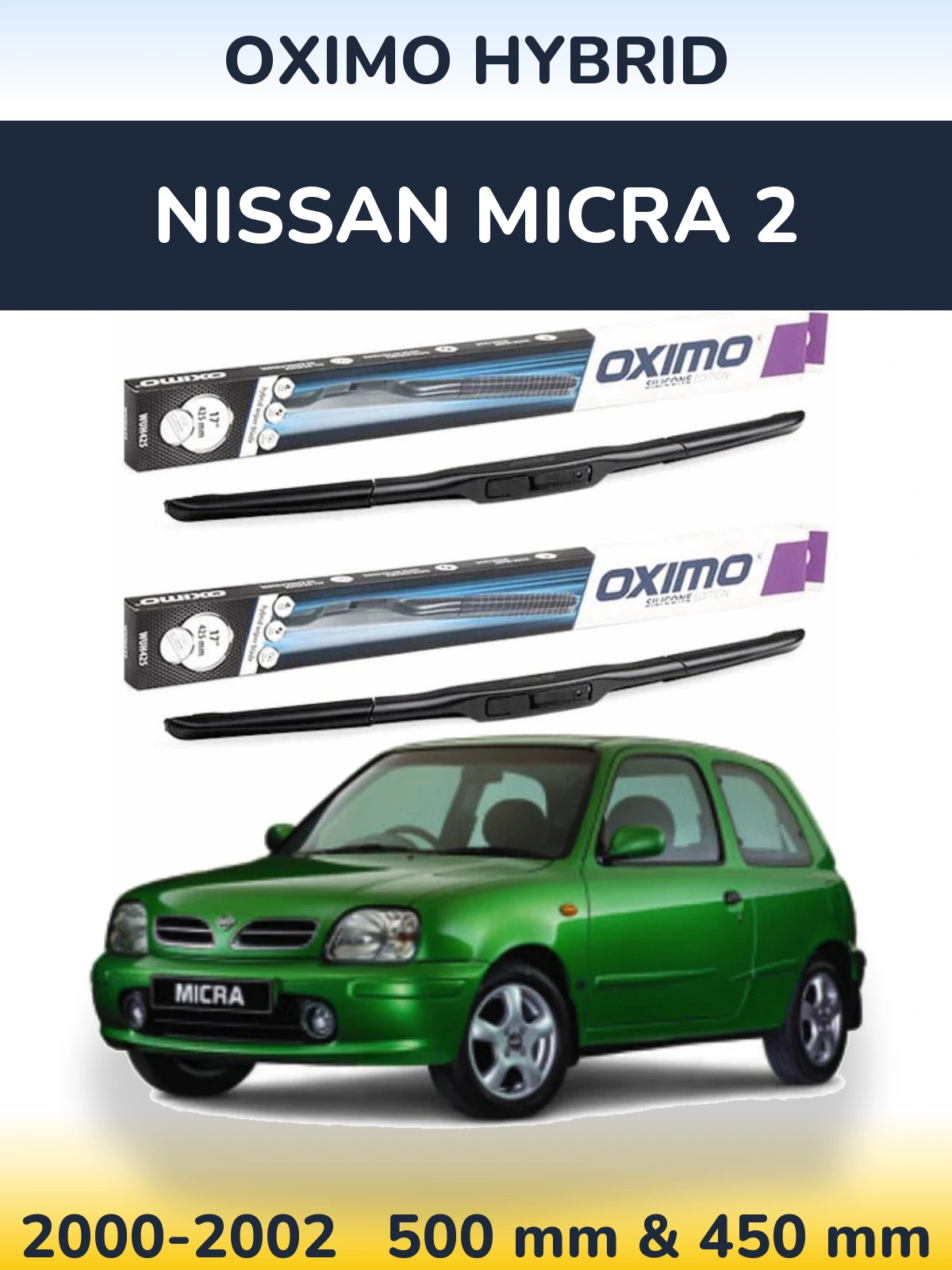 Комплект передних дворников Oximo Hybrid 500 & 450 мм для Nissan Micra 2 2000-2002