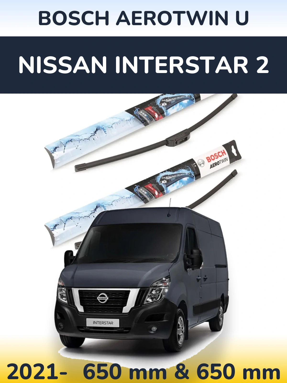 Комплект передних дворников BOSCH AeroTwin U 650 & 650 мм для Nissan Interstar 2 2021-2026