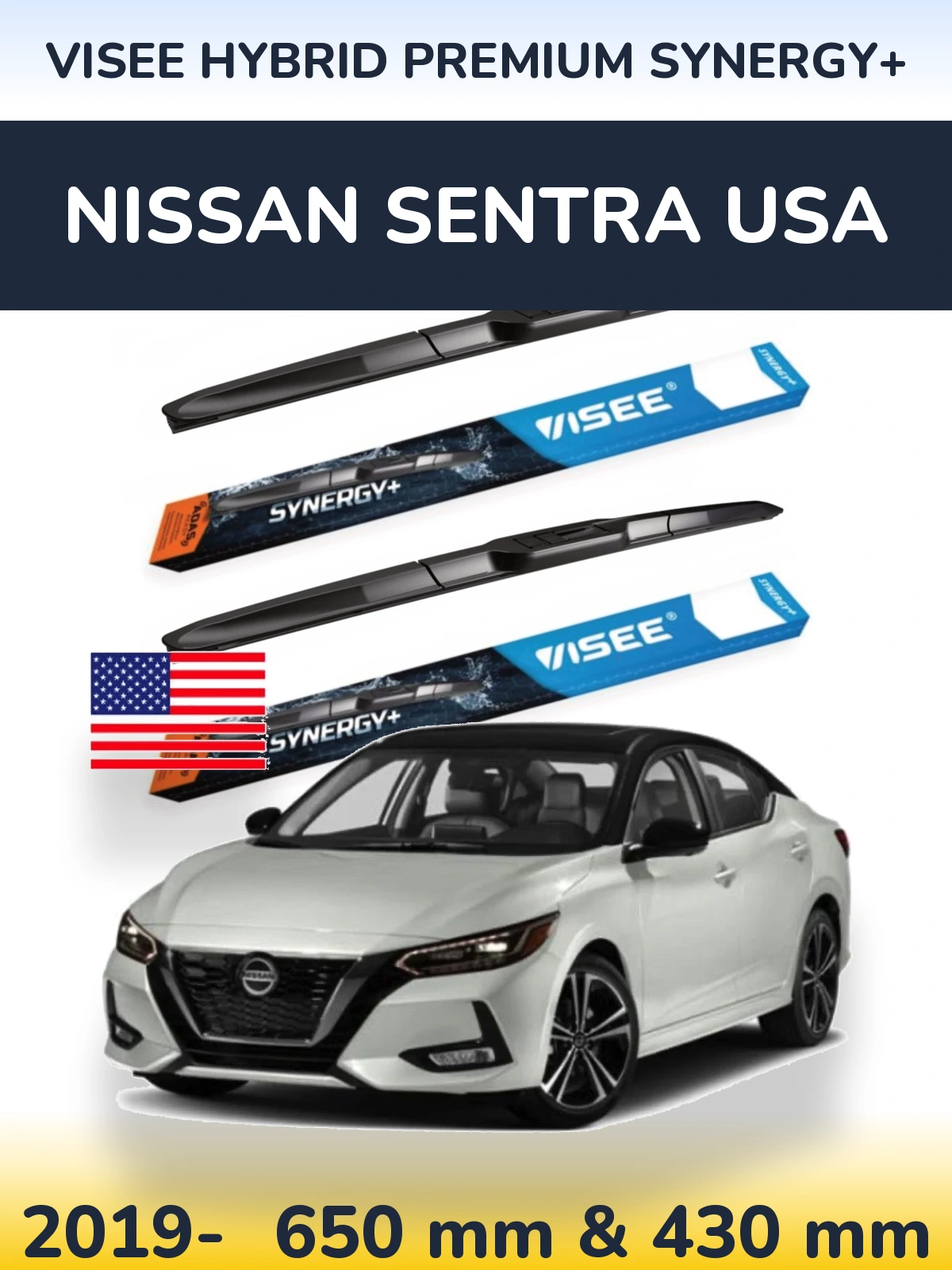 Komplet przednich wycieraczek VISEE HYBRID PREMIUM SYNERGY+ 650 & 430 mm do Nissan Sentra USA 2019-2026