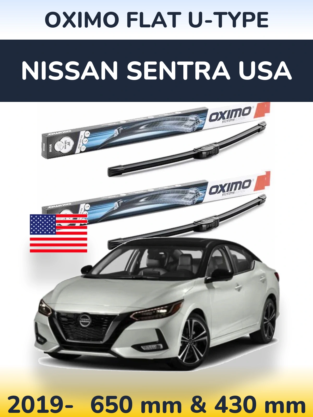 Front wiper blade set Oximo Flat U-type 650 & 430 mm for Nissan Sentra USA 2019-2026