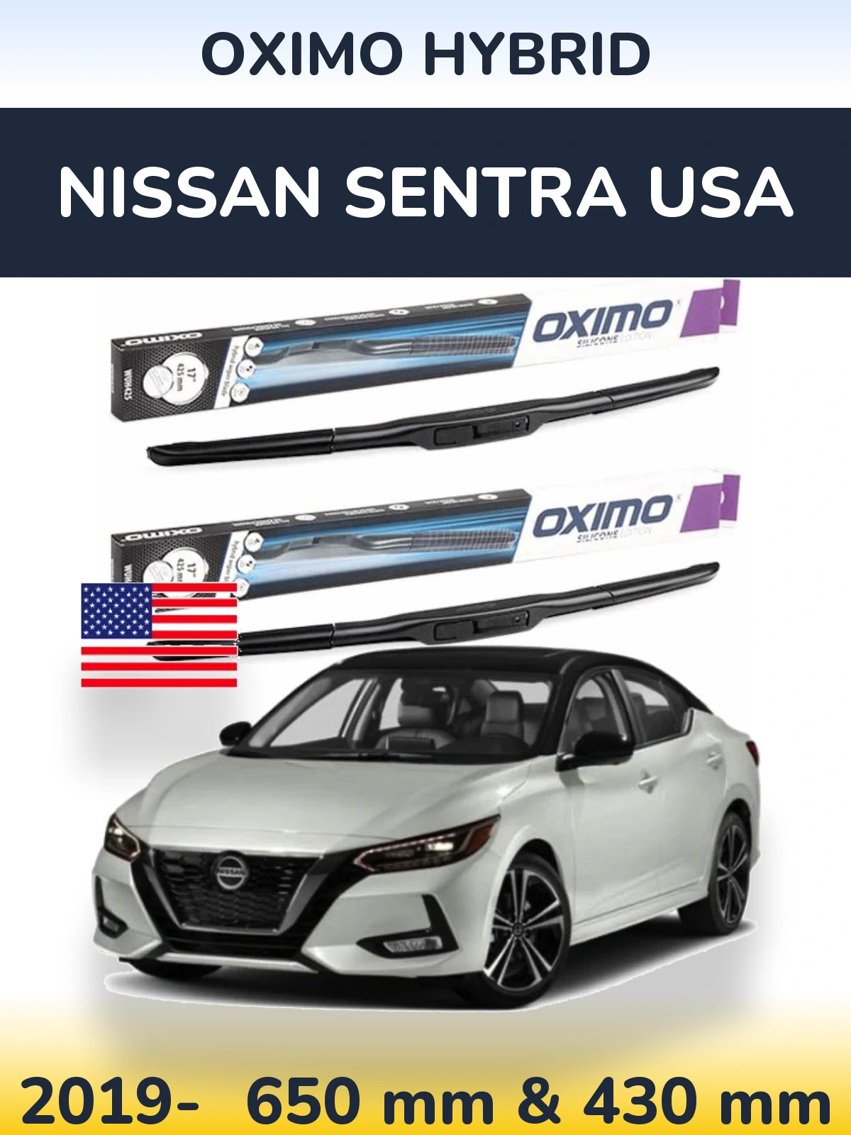 Front wiper blade set Oximo Hybrid 650 & 430 mm for Nissan Sentra USA 2019-2026