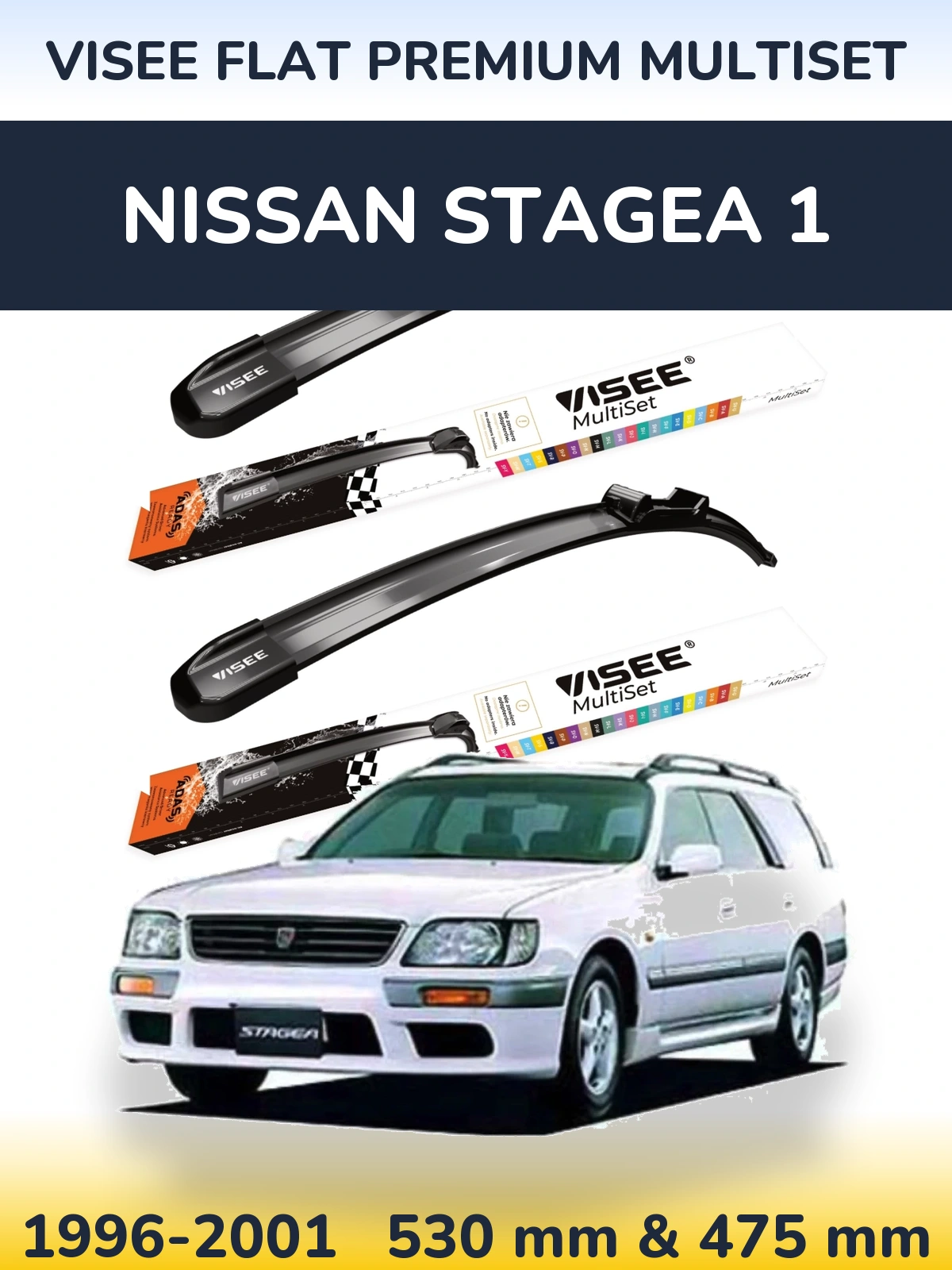 Komplet przednich wycieraczek VISEE FLAT PREMIUM MultiSet 530 & 475 mm do Nissan Stagea 1 1996-2001