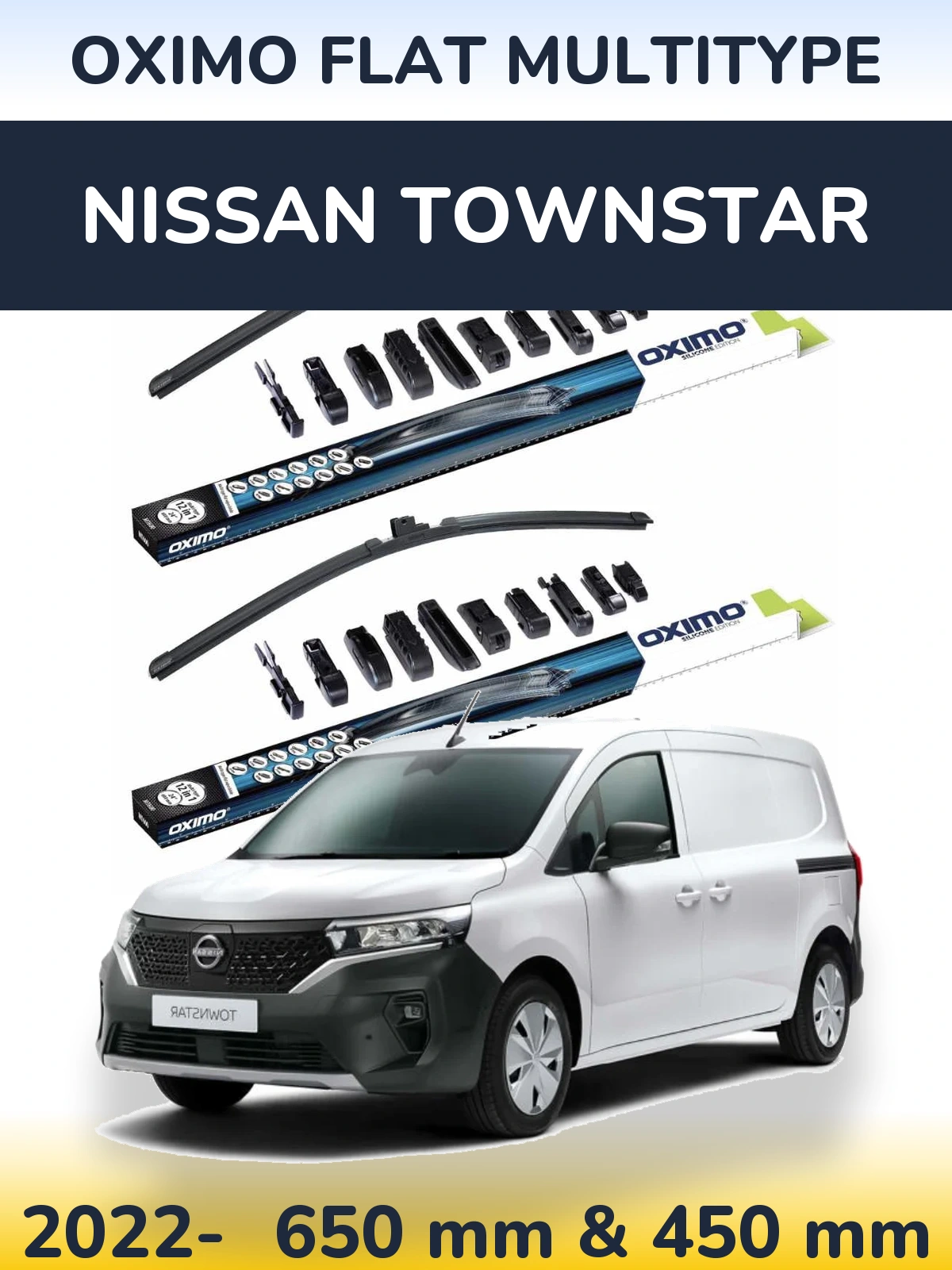 Комплект передних дворников Oximo Flat MultiТипe 650 & 450 мм для Nissan Townstar 2022-2026