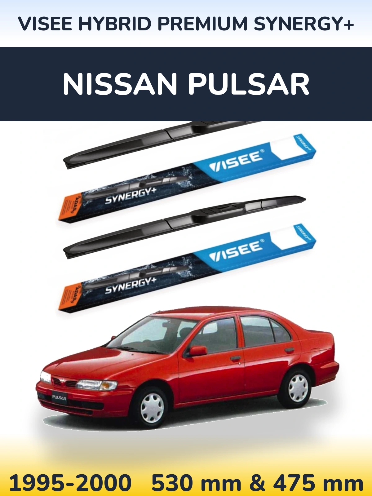 Front wiper blade set VISEE HYBRID PREMIUM SYNERGY+ 530 & 475 mm for Nissan Pulsar 1995-2000