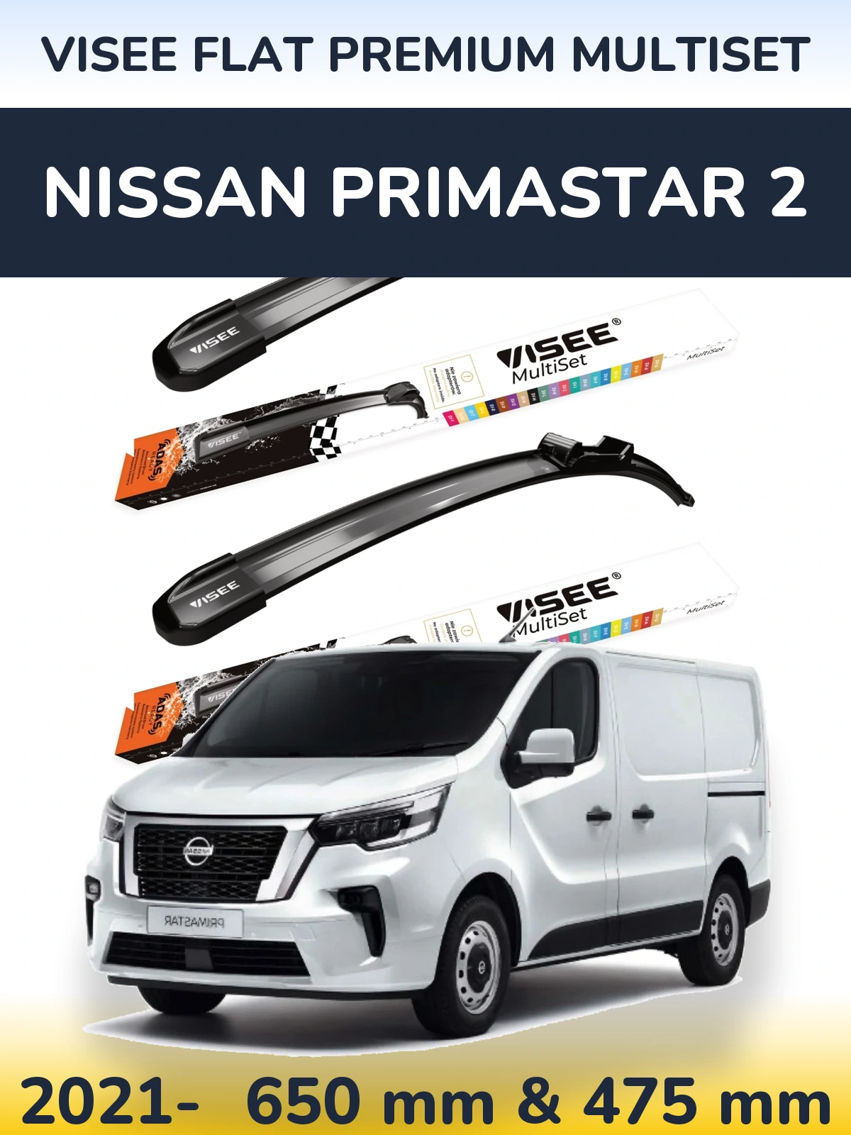 Komplet przednich wycieraczek VISEE FLAT PREMIUM MultiSet 650 & 475 mm do Nissan Primastar 2 2021-2026