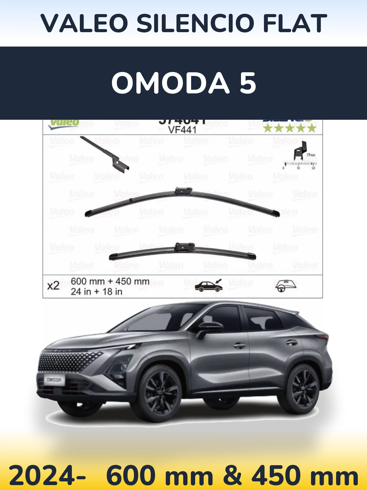Komplet przednich wycieraczek Valeo Silencio Flat 600 & 450 mm do Omoda 5 2024-2026