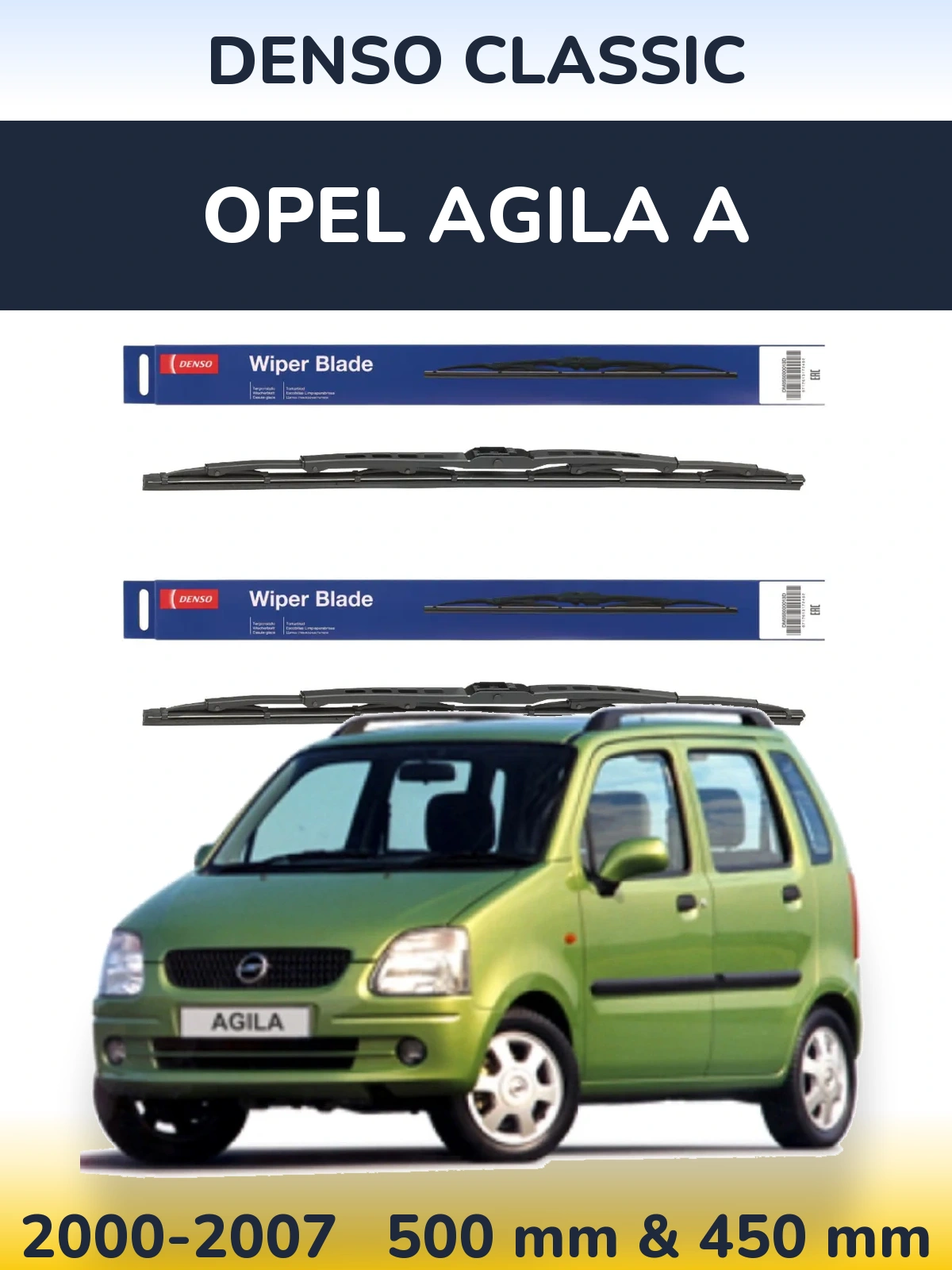 Komplet przednich wycieraczek Denso Classic 500 & 450 mm do Opel Agila A 2000-2007