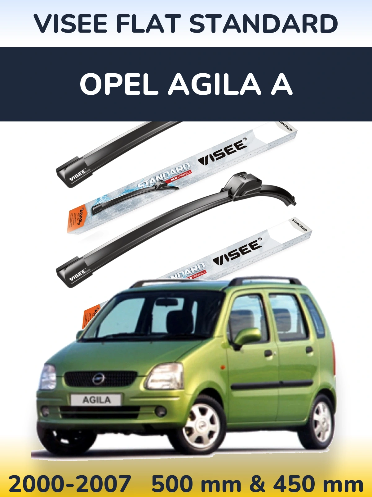 Комплект передних дворников VISEE FLAT STANDARD 500 & 450 мм для Opel Agila A 2000-2007