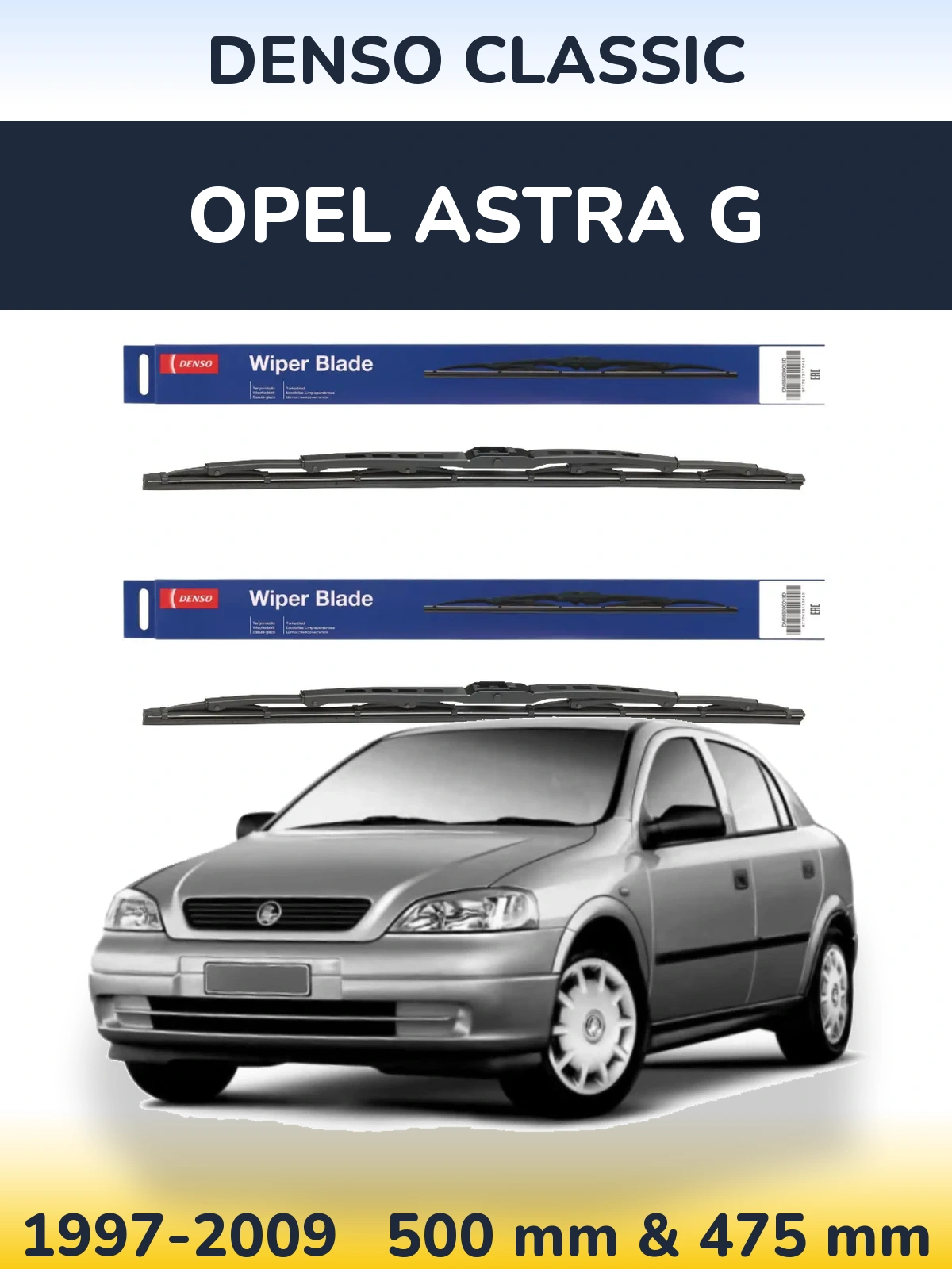 Front wiper blade set Denso Classic 500 & 475 mm for Opel Astra G 1997-2009