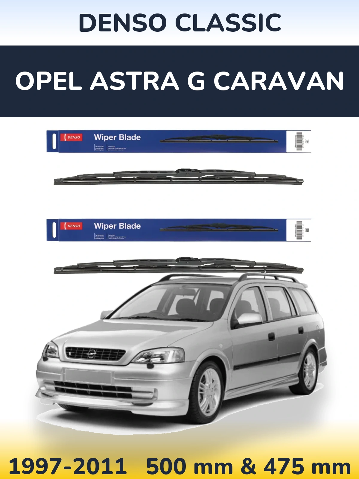 Front wiper blade set Denso Classic 500 & 475 mm for Opel Astra G Caravan 1997-2011