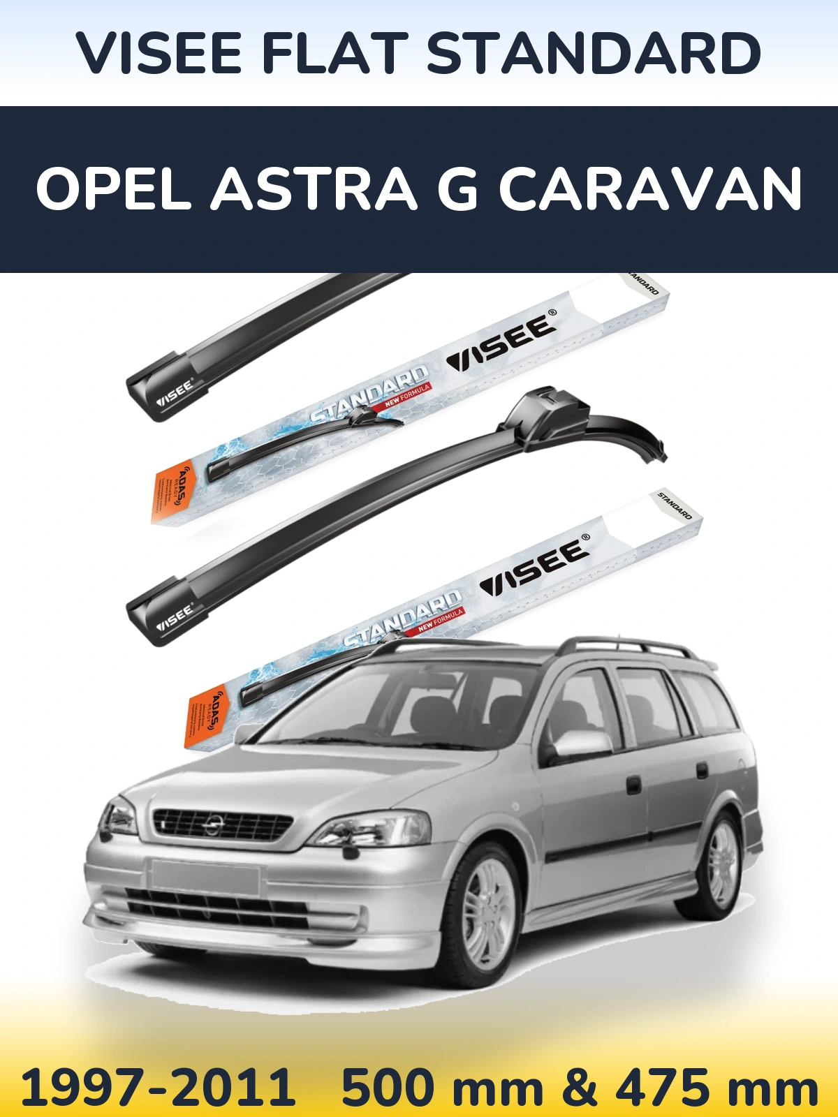 Front wiper blade set VISEE FLAT STANDARD 500 & 475 mm for Opel Astra G Caravan 1997-2011