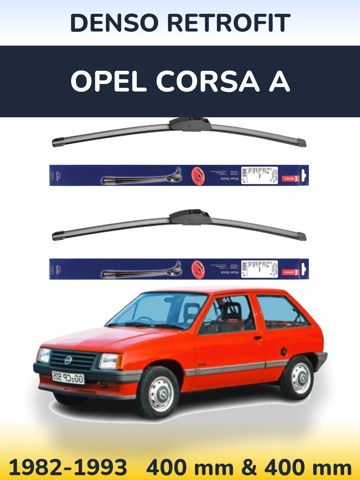 Komplet przednich wycieraczek Denso Retrofit 400 & 400 mm do Opel Corsa A 1982-1993