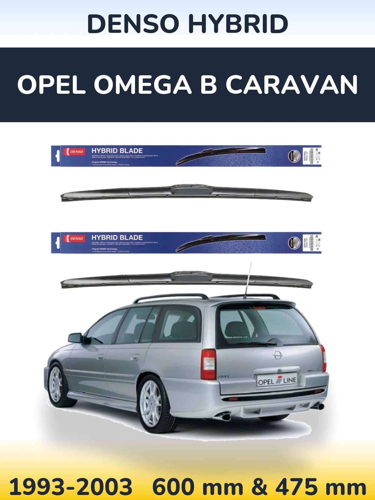 Front wiper blade set Denso Hybrid 600 & 475 mm for Opel Omega B Caravan 1993-2003